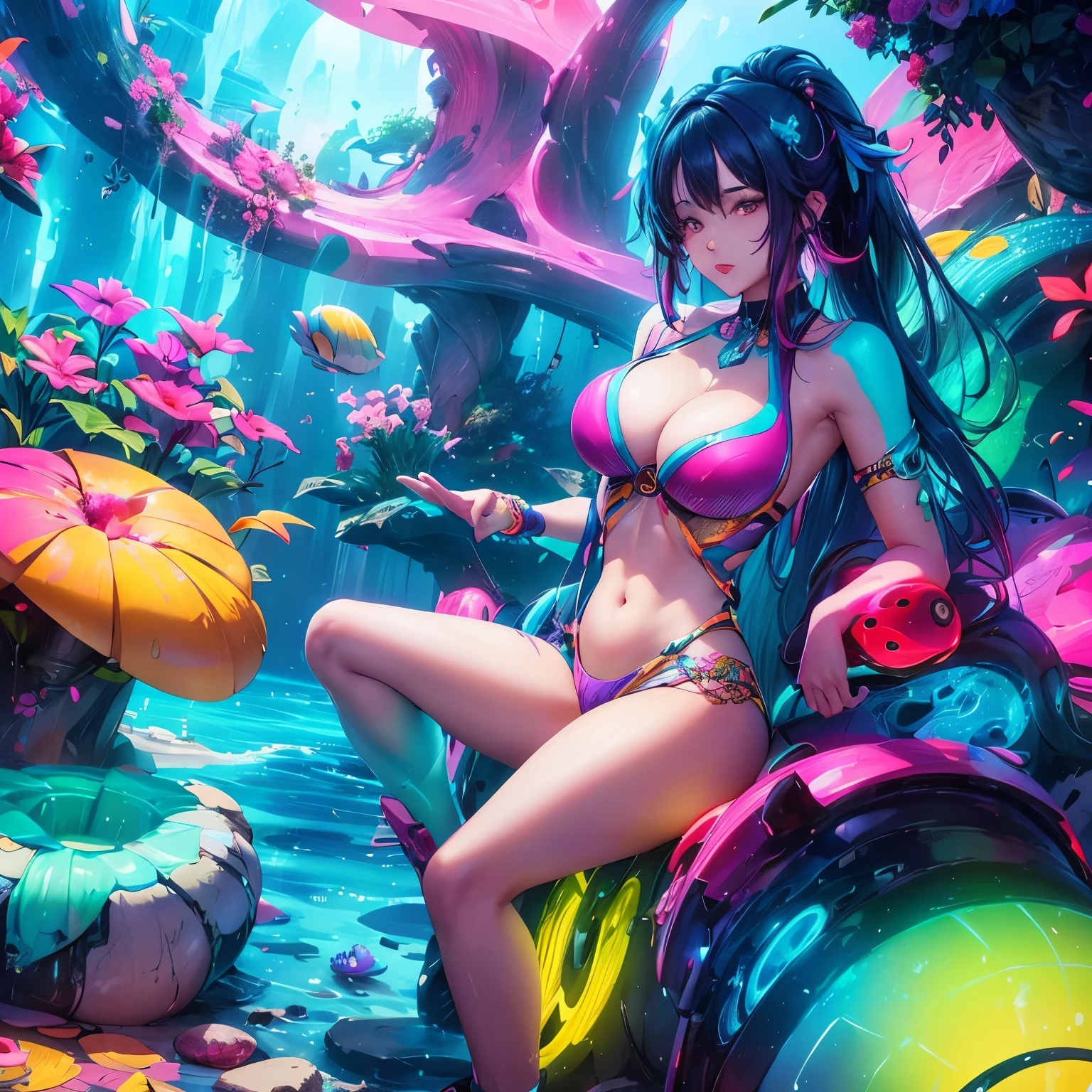 A beautiful young woman sits on a rock surrounded by vibrant neon colored shells. This gives the scene a futuristic and surreal feel.