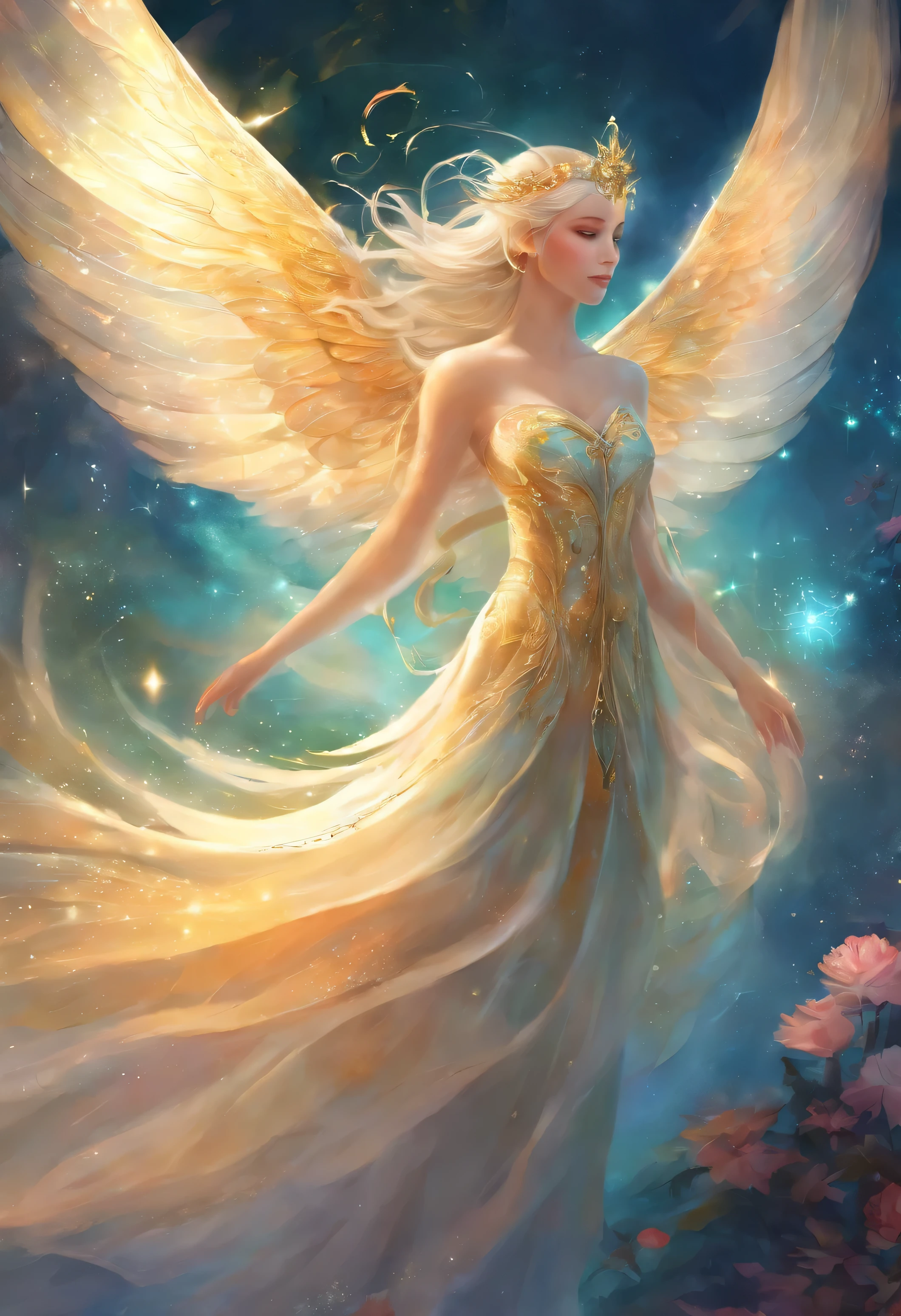 A fictional creature that seems to bring good luck、I'm growing wings and flying、The background is sparkling、god々new、Delicate woman