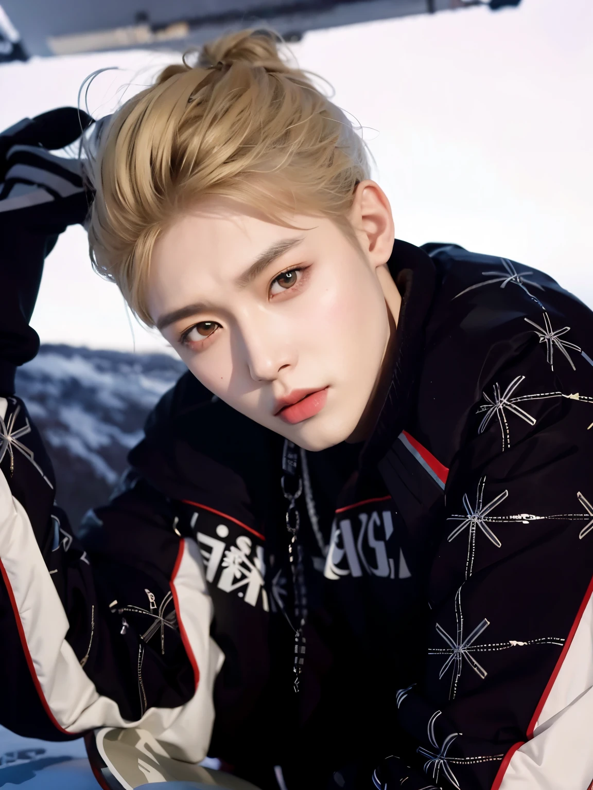 there is a man that is sitting on a snowboard in the snow, inspired by Yanjun Cheng, cai xukun, inspired by Bian Shoumin, inspired by jeonseok lee, yanjun chengt, inspired by Kim Deuk-sin, inspired by Huang Gongwang, key anime visuals, high quality fanart, heise jinyao, high quality portrait
