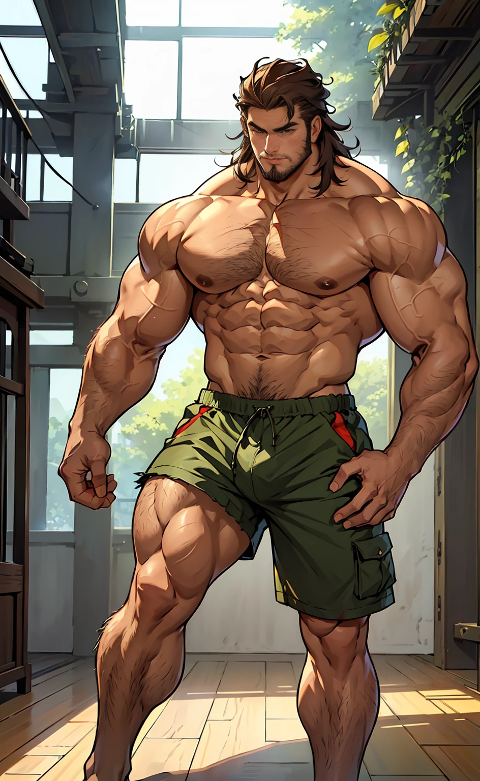 (shoeless),(shoeless),ripe,(Long legs covered with long, thick leg hair),Super big feet,(Whole body),(Long leg hair),( With a green tattoo on his shoulder),(body hair thick),(He was wearing Baggy shorts which showed his long, muscular, hairy legs),(The genital organs are extremely prominent),(Very large genitalia),The background in an interior with vintage furniture and vintage wooden floor surroundinacropodia),(Side to audience) ,(Put his hands at his waist), (eyes looking at audience) ,(There a huge protuberance across the part),Side Body,Sharp eyes,(Thick dark brown hair on crotch),(Bottom-up view),Shoulders very broad,Muscles protrude a lot,Bulging crotch,(Long legs),Highest image quality,Anime ,anime wallpaper,Dilation of the pectoral muscles,Espalhe as pernas,sexy,(master part, best quality),((Exaggerated bulge of muscles)),The protagonist very tall and his head almost reaches the ceiling,Lush woods outside the window,musclebound and hulking, muscular characters, super buff and cool, tall and muscular, muscular!!, very buff, muscular attractive men, massive muscles, big muscle, Muscular men, anime handsome men, muscular!, gigachad muscles, muscular bodies, muscular character,(The house is very low),(head almost touched the roof),(Long legs covered with long, thick leg hair),(Long legs covered with long, thick leg hair),(Long legs covered with long, thick leg hair),(Long legs covered with long, thick leg hair),(Long legs covered with long, thick leg hair),(Long legs covered with long, thick leg hair),(Long legs covered with long, thick leg hair),(Long legs covered with long, thick leg hair),(Long legs covered with long, thick leg hair),(Long legs covered with long, thick leg hair),(Long legs covered with long, thick leg hair),(Long legs covered with long, thick leg hair),(Long legs covered with long, thick leg hair),(Long legs covered with long, thick leg hair),(Long legs covered with long, thick leg hair),(Long legs covered with long, thick leg hair),(Long leg