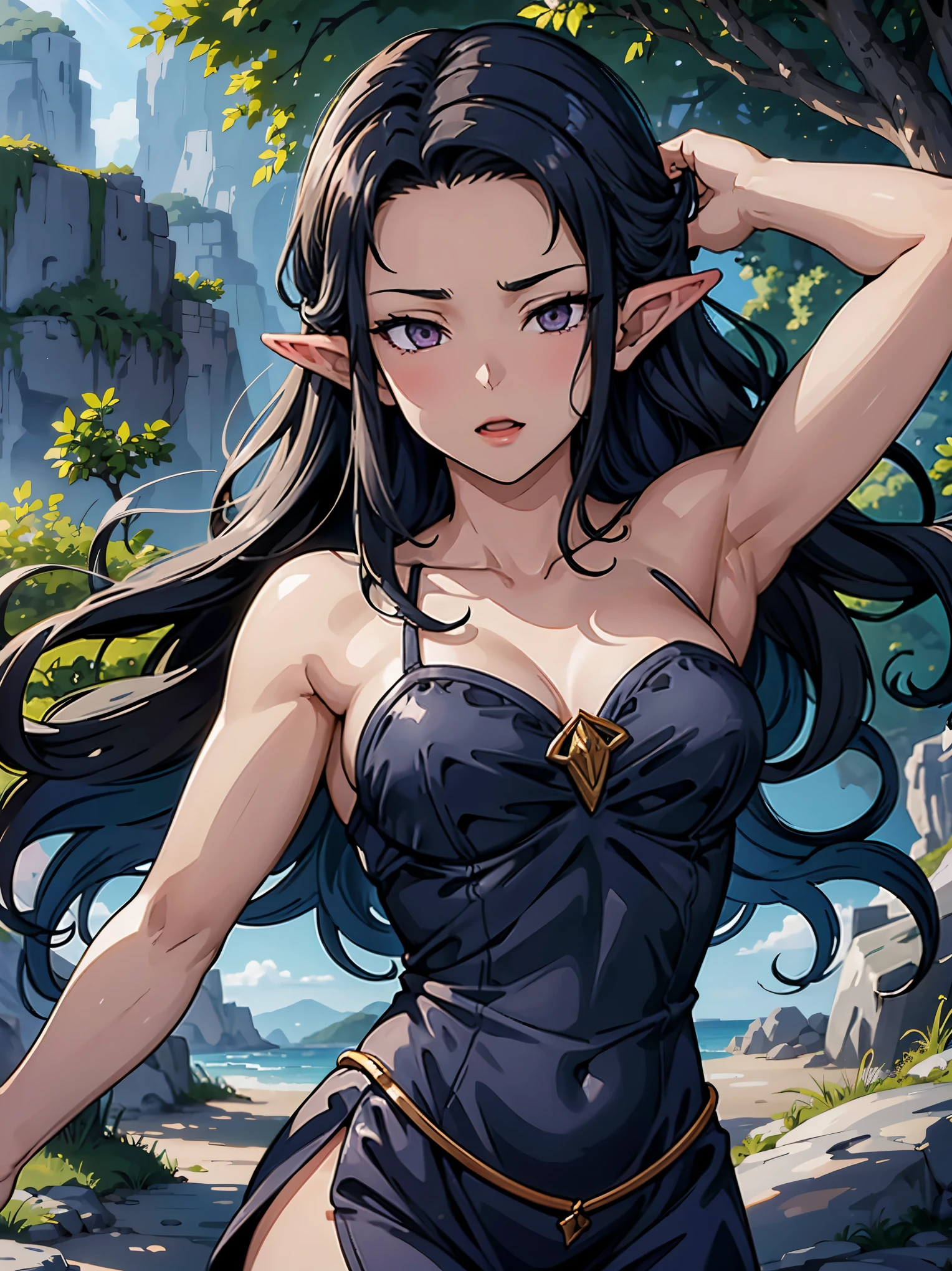 ((melhor qualidade)), ((obra de arte)), (detalhado), rosto perfeito, Uma cena encantadora se desenha, meio elfo/humana, has horns and is standing in the center of a magical kingdom. His long, elven hair dances in the wind as he holds his magical blade., reflecting the magical light around you. Ao seu lado, um tomo encantado flutua, emanando uma aura sutil. Os elementos da natureza, representados por delicadas folhas e pequenas rajadas de vento, cercam-na, ecoando sua afinidade com a magia natural. The girl's expression reveals the complexity of her emotions and the strength that drives her to protect this magical kingdom.