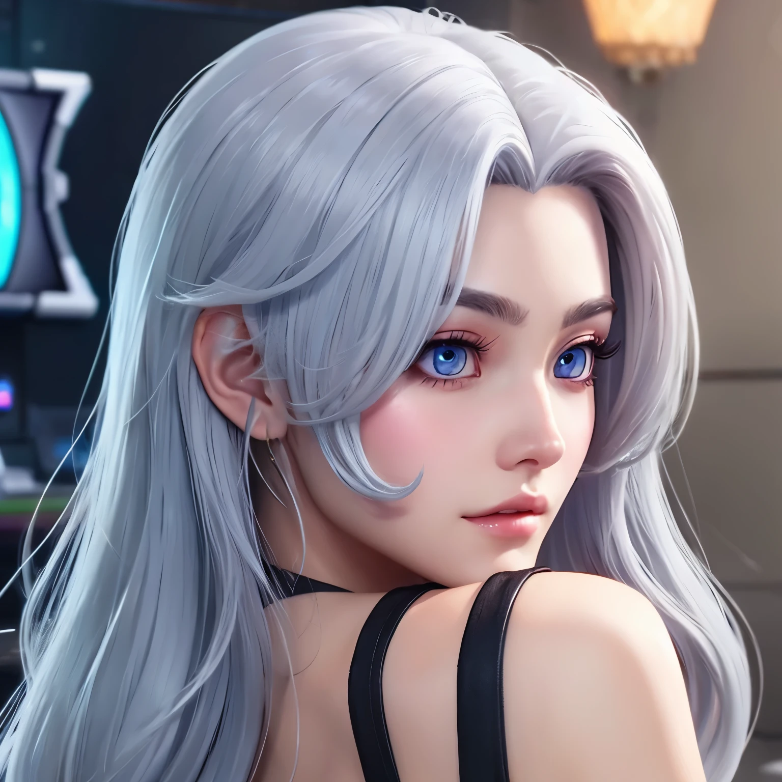 gray hair、long、gaming icon、woman、cool、LAM style