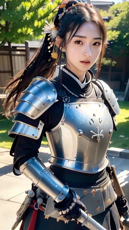 extremely detailed CG unity 32K wallpaper, top quality, masterpiece, raw photo, photorealistic, highest resolution, professional photo, dynamic, cinematic lighting, (Japan in 16th century, science fiction:1.4), steampunk, Sengoku Period, sharp focus, depth of field, (perfect body, correct anatomy:1.5), intricately detailed face, expressive face, POV, (from front:1.3), 1 girl, ((17 years old:1.2)), Japanese woman, ((female warrior:1.3)), solo, cowboy shot, black hair, ponytail, ultra-realistic skin, detailed skin, (bright and dark eyes:1.4), hyper-realistic eyes, highly detailed nose and lips, (tall nose:1.3), expressionless, ((samurai armor:1.5)), skinny, medium breast, (correct body proportion, perfect body proportion:1.5), (((shooting a giant musket against enemy:1.1))), (((holding a giant musket that is launching a self-propelled grenade:1.5))), (((outdoor, countryside, noon:1.3)))