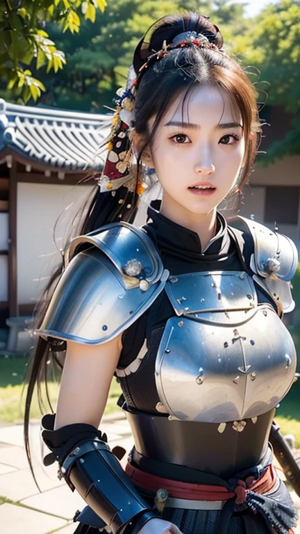 extremely detailed CG unity 32K wallpaper, top quality, masterpiece, raw photo, photorealistic, highest resolution, professional photo, dynamic, cinematic lighting, (Japan in 16th century, science fiction:1.4), steampunk, Sengoku Period, sharp focus, depth of field, (perfect body, correct anatomy:1.5), intricately detailed face, expressive face, POV, (from front:1.3), 1 girl, ((:1.2)), Japanese woman, ((female warrior:1.3)), solo, cowboy shot, black hair, ponytail, ultra-realistic skin, detailed skin, (bright and dark eyes:1.4), hyper-realistic eyes, highly detailed nose and lips, (tall nose:1.3), expressionless, ((samurai armor:1.5)), skinny, medium breast, (correct body proportion, perfect body proportion:1.5), (((shooting a giant musket against enemy:1.1))), (((holding a giant musket that is launching a self-propelled grenade:1.5))), (((outdoor, countryside, noon:1.3)))