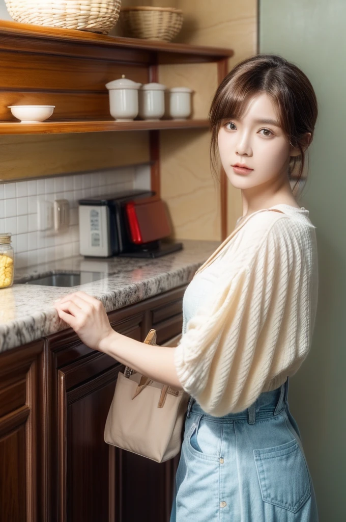 35mm photo, Xiao Lu, handbag, kitchen, highres, super detail, Super high saturation, bright and vivid colors, (best quality, masterpiece, Representative work, official art, Professional, 8k)