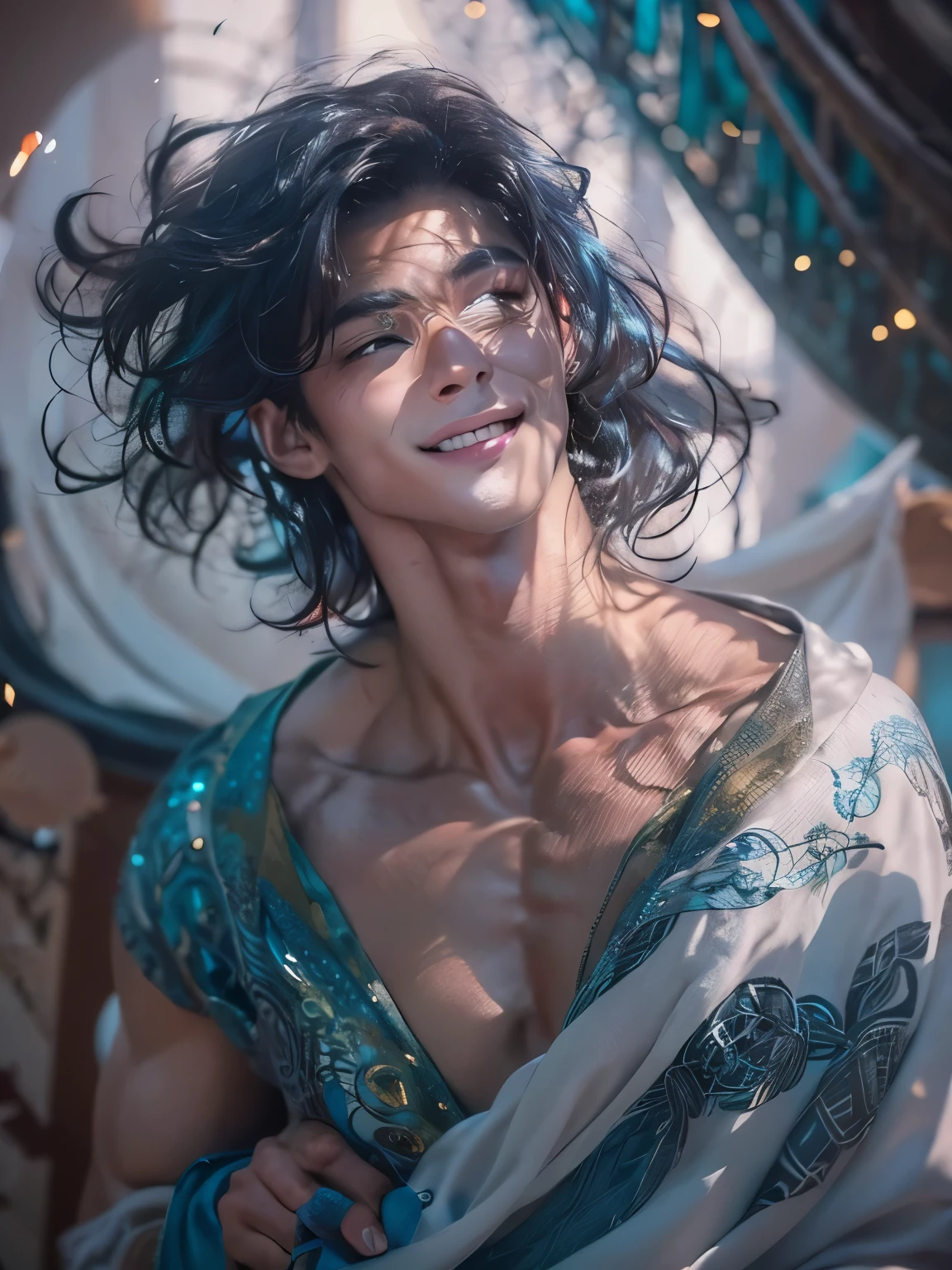 (male character design），（Messy white flying long hair：1.2）, （Affectionate Chinese handsome guy Lan Ling flies with suitcase：1.37），（Pan An’s outfits for modern and fashionable men&#39;s blue sweater suit pants：1.37），Pan An’s skin is fair and flawless，The bridge of his nose is high and straight，(long,Messy shawl hair：1.1），（double eyelids, Bright Eyes, Big clear and bright eyes），sad prince，Food with red lips and white teeth，gentle melancholy，Pan An is tall and tall.，He has a strong physique，Toned muscles，Fresh and toned abs, His exquisite facial features，Kingly style， （Main color blue：0.8）