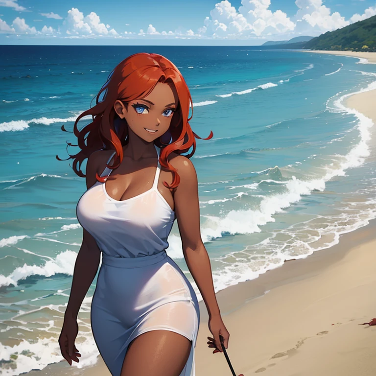 (((Alone))),(((Woman))),(((Dark skin))), (Blue eye),(((Hair wavy redhead))),(curvy body), 8k, high quality,(((wearing rags))),(((walking by the ocean water))),((sweet smile))