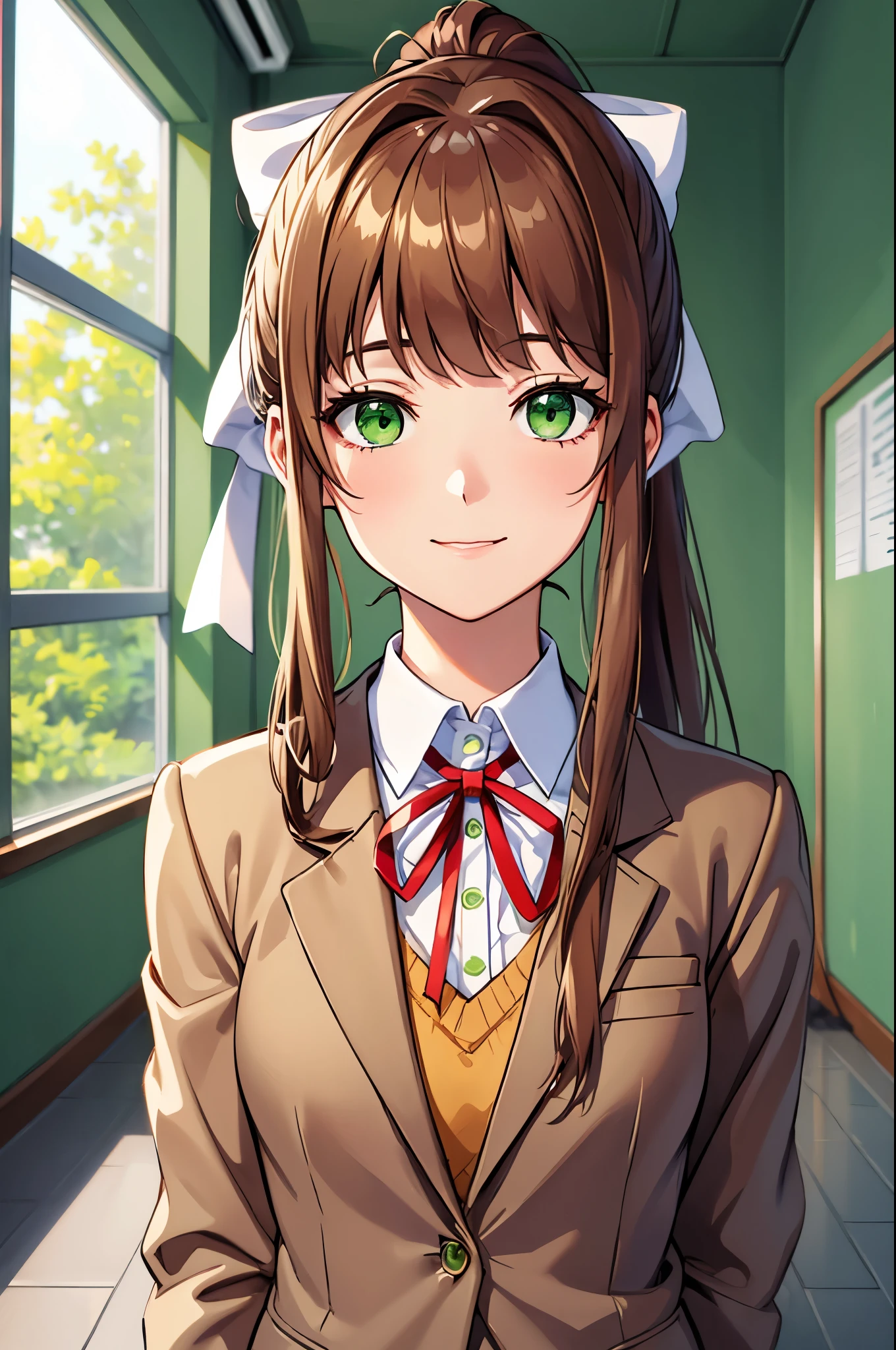 (face portrait:1.2), upper body, (masterpiece), best quality, expressive eyes, perfect face, highres, 1 girl, solo, ddlcmonika, blunt bangs, brown hair, (green eyes:1.5), long hair, ponytail, ribbon, white ribbon, hair ribbon, sidelocks, brown jacket, jacket, long sleeves, school uniform, zettai ryouiki, smiling, indoors, classroom background, standing, looking at the viewer