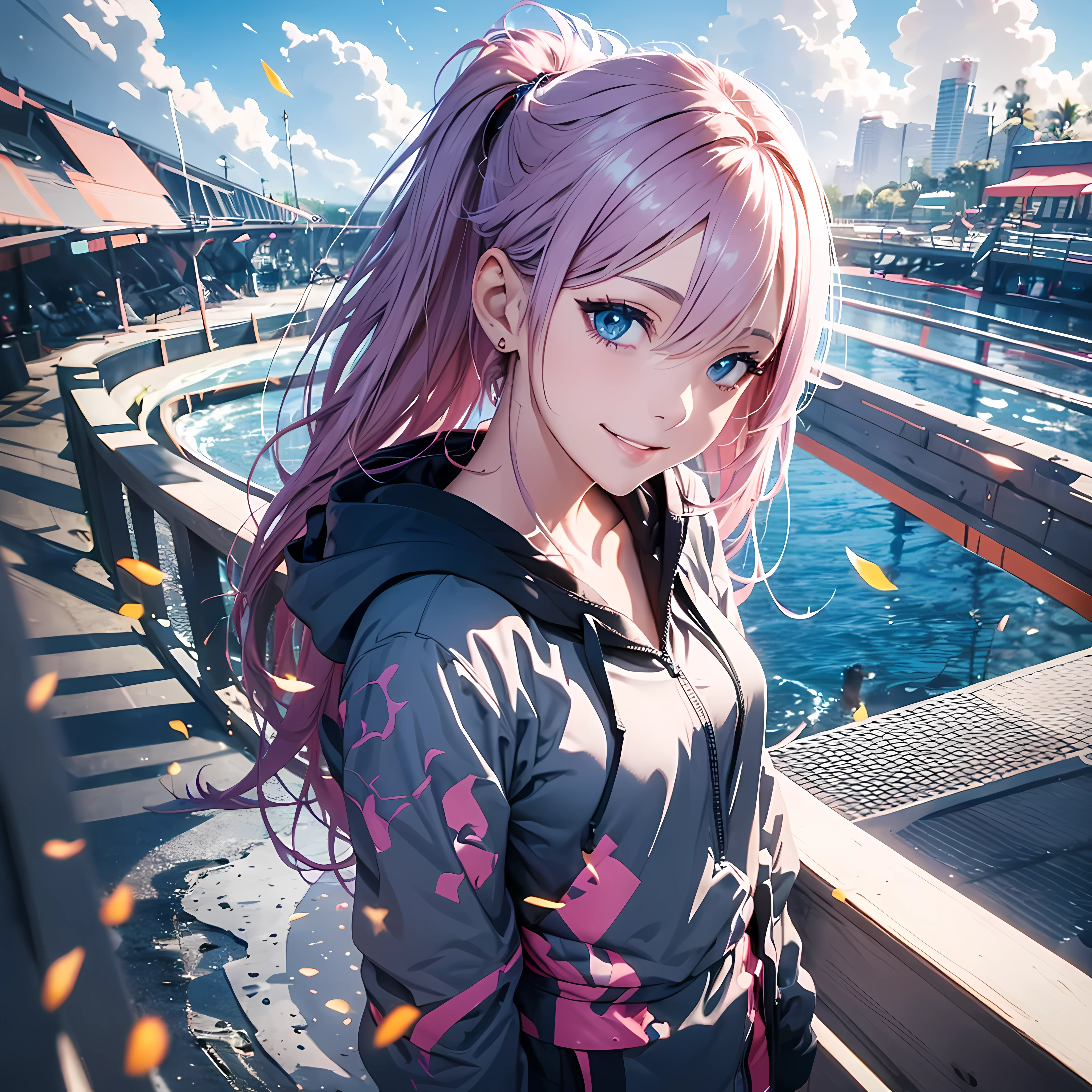 (masutepiece), (Best Quality), hyper detailed illustration，beautiful artwork，(Extreme Detail CG Unity 8K wallpaper、masterpiece、highest quality)、(excellent lighting and shadow、extremely dramatic painting、cinematic lens effects)、 Standing beach girl in gray hoodie and school swimsuit, Pink long hair girl with hoodie, beautiful Girl, cg art, anime style 4k, Seductive Girl, 4k wallpaper, attractive girl, pretty Girl, beautiful, attractive teenager, Art styles, With water wake up， Wet，(Evil smile)，Wide blue sky，(Tsurime)，(messy hair), Saw，(Wet)，ponytail，(walking
   On the beach: 1.2), beach side, (light glow), (light Particle), (strong light coming), (curved body: 1.2), (Head tilt),