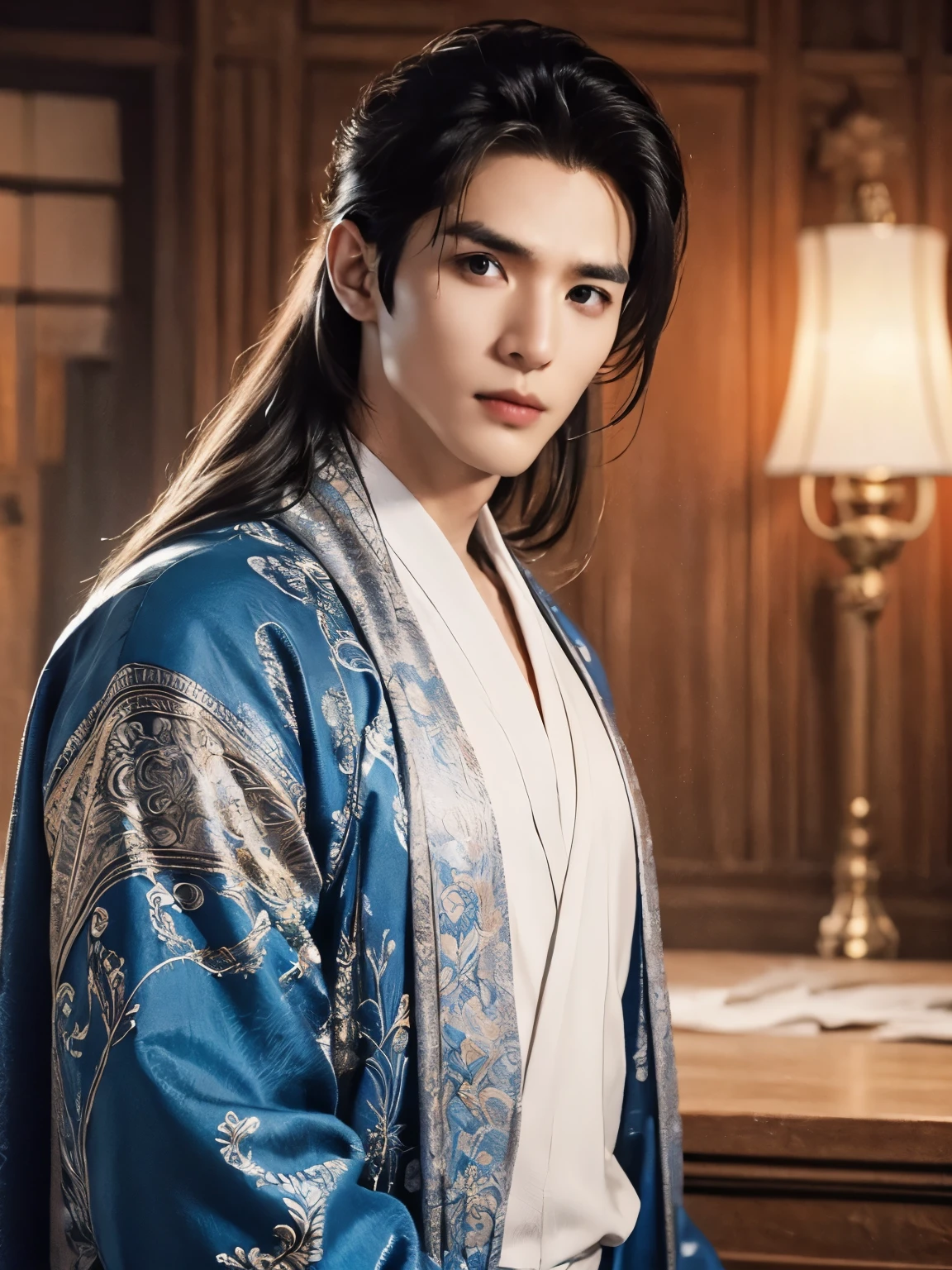  (male character design），（Messy white flying long hair：1.2）, （Affectionate Chinese handsome guy Lan Ling looks into the camera：1.37），（Pan An’s outfits for modern and fashionable men&#39;s blue sweater suit pants：1.37），Pan An’s skin is fair and flawless，The bridge of his nose is high and straight，(long,Messy shawl hair：1.1），（double eyelids, Bright Eyes, Big clear and bright eyes），sad prince，Food with red lips and white teeth，gentle melancholy，Pan An is tall and tall.，He has a strong physique，Toned muscles，Fresh and toned abs, His exquisite facial features，Kingly style， （Main color blue：0.8）