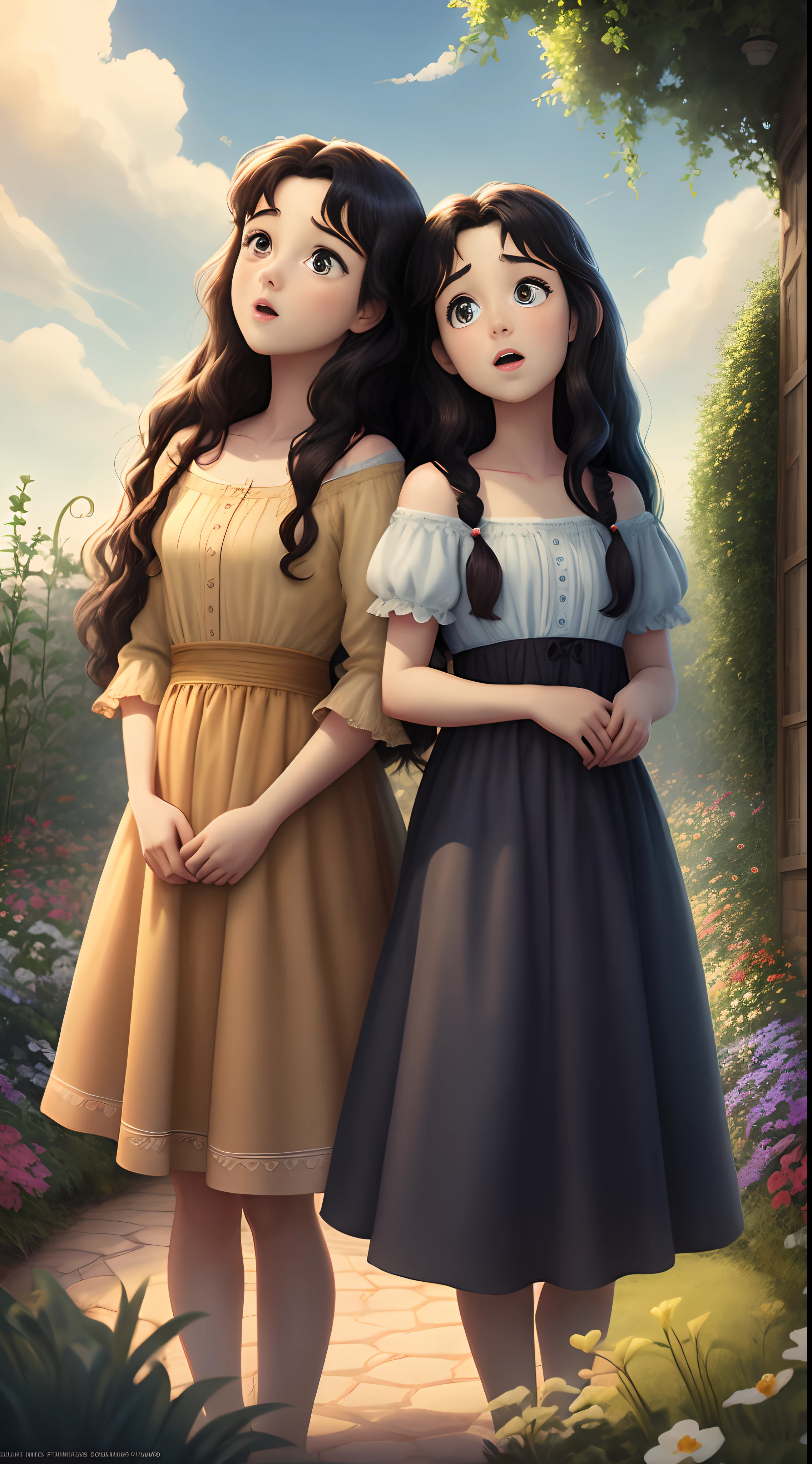 Disney Pixar poster with two sisters, um com longos cabelos pretos e outro com longos cabelos castanhos e olhos castanhos, Looking at the sky in the garden