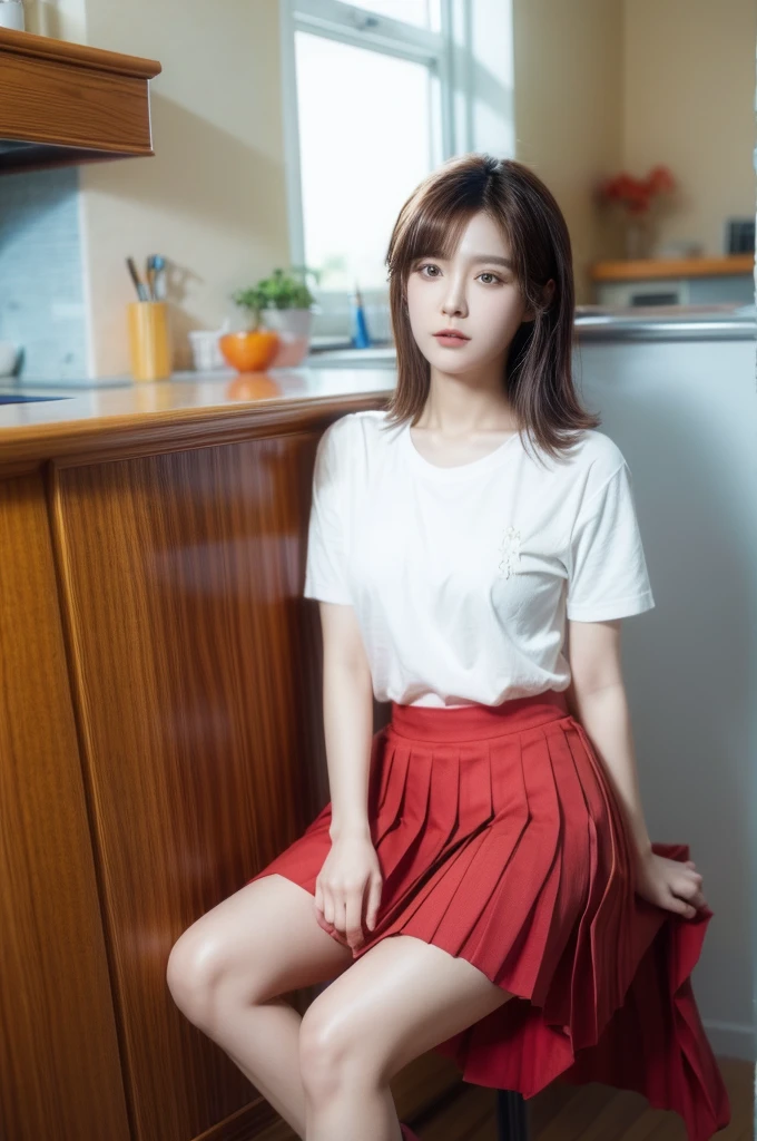 35mm photo, Xiao Lu, indoors, pleated skirt, highres, super detail, Super high saturation, bright and vivid colors, (best quality, masterpiece, Representative work, official art, Professional, 8k)