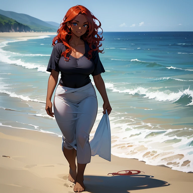 (((Alone))),(((Woman))),(((Dark skin))), (Blue eye),(((Hair wavy redhead))),(curvy body),(((wearing rags))),(((walking by the ocean water))),((sweet smile))