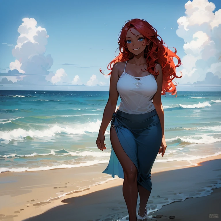 (((Alone))),(((Woman))),(((Dark skin))), (Blue eye),(((Hair wavy redhead))),(curvy body),(((wearing rags))),(((walking by the ocean water))),((sweet smile))