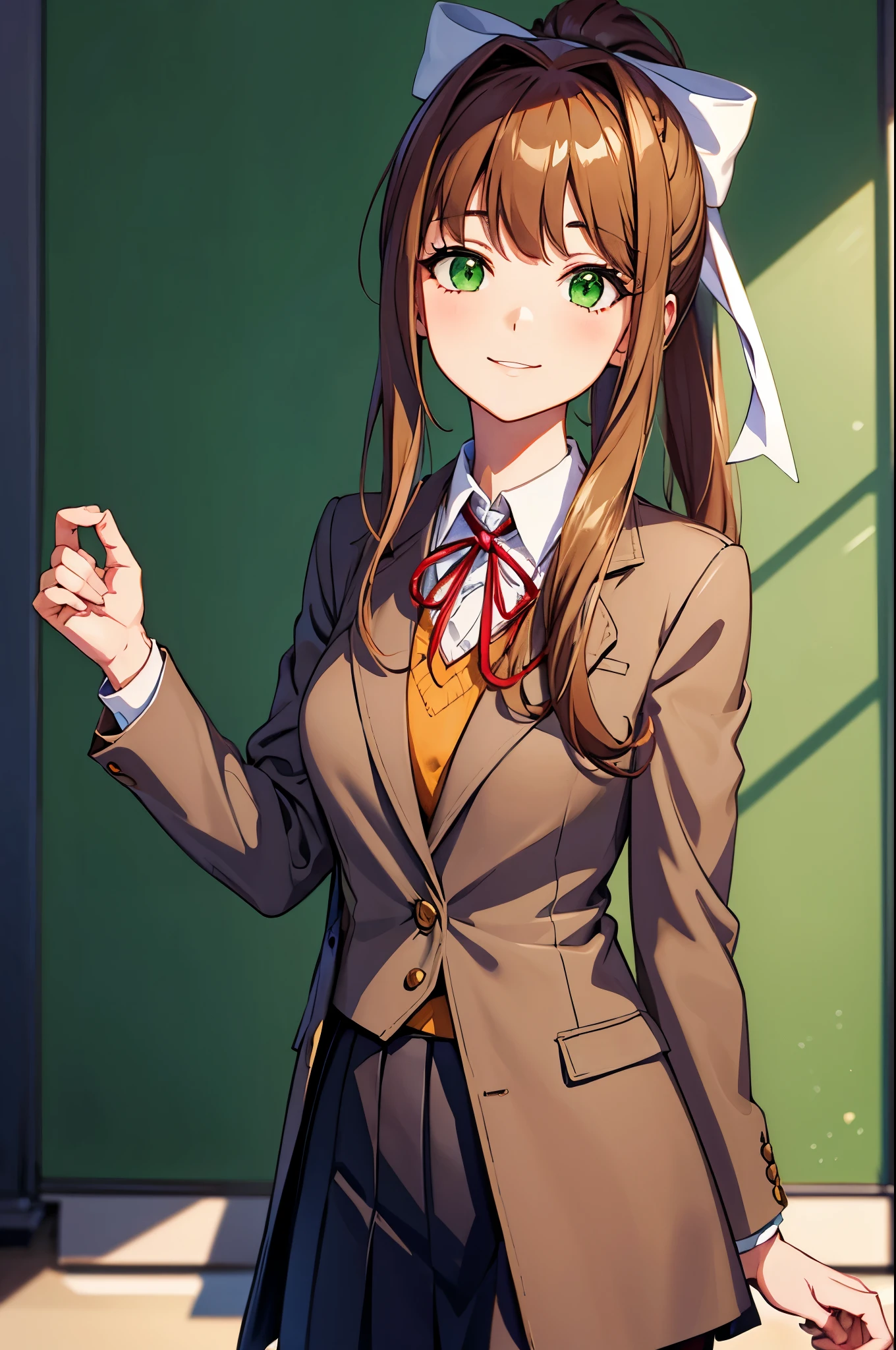 (face portrait:1.2), upper body, (masterpiece), best quality, expressive eyes, perfect face, highres, 1 girl, solo, ddlcmonika, blunt bangs, brown hair, (green eyes:1.5), long hair, ponytail, ribbon, white ribbon, hair ribbon, sidelocks, brown jacket, jacket, long sleeves, school uniform, zettai ryouiki, smiling, indoors, classroom background, standing, looking at the viewer