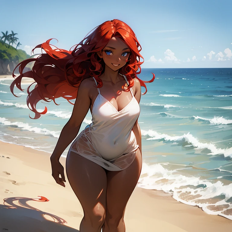 (((Alone))),(((Woman))),(((Dark skin))), (Blue eye),(((Hair wavy redhead))),(curvy body),(((wearing rags))),(((walking by the ocean water))),((sweet smile))