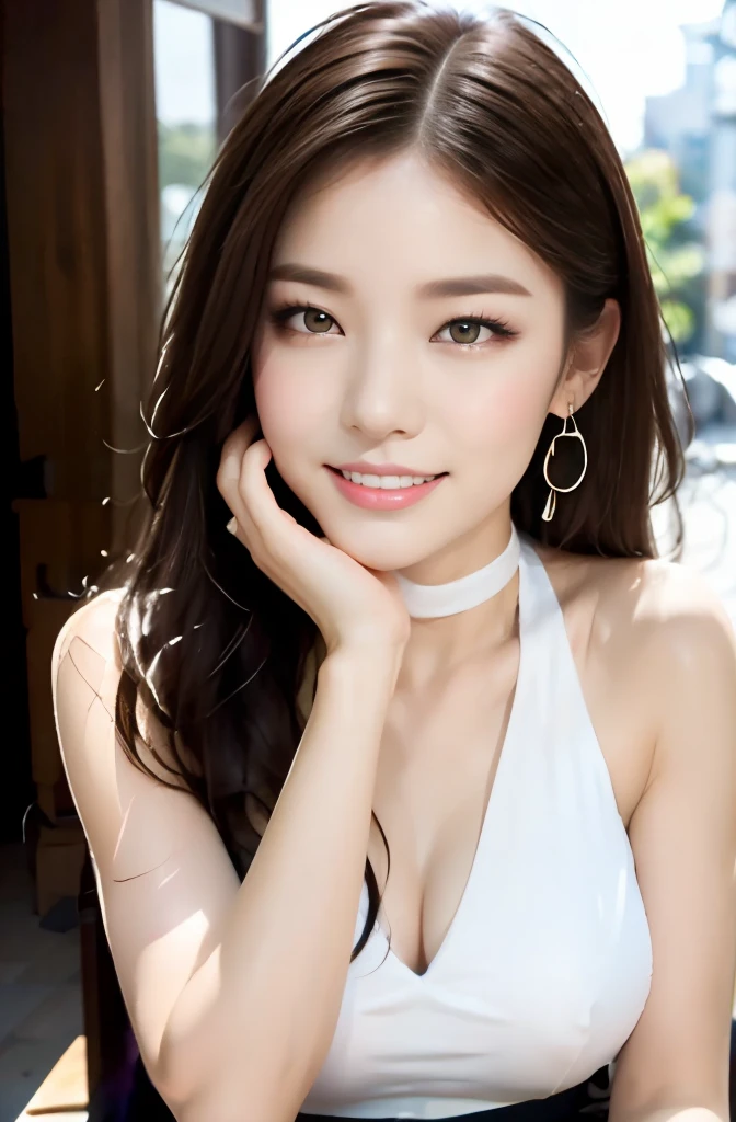 first person perspective, (masterpiece:1.3), (maximum resolution:1.4), (Ultra HDTV:1.2), Ultra HDTV, (fine eyesと肌), (detailed facial features), HDR, 8K resolution, sharp focus:1.2, perfect style, beautiful face, Highly detailed face and skin texture, fine eyes, double eyelid, thin eyebrows, glitter eyeliner:1.2, 青whiteい頬, Glossy skin, 色white:1.2, shiny little neckless and crystal earrings,, glossy lips:1.2,
break,
((upper body shot:1.2)), (wearing a sleeveless High neck halter neck white dress:1.2)), (High neck halter neck), (white:1.2), (sexy clavicle), ((innocent and cute girl:1.3)), (layered hairstyles, dark brown hair), medium long hair, (Very provocative smile:1.2), medium to large breasts,
break,
(Sitting on the terrace chair:1.2), ((gently lifted her chin.:1.3)), In a fashionable outdoor café, From a little above,