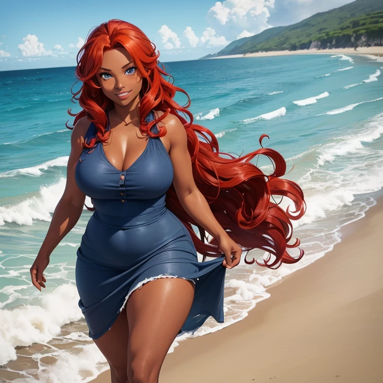 (((Alone))),(((Woman))),(((Dark skin))), (Blue eye),(((Hair wavy redhead))),(curvy body),(((wearing rags))),(((walking by the ocean water))),((sweet smile))