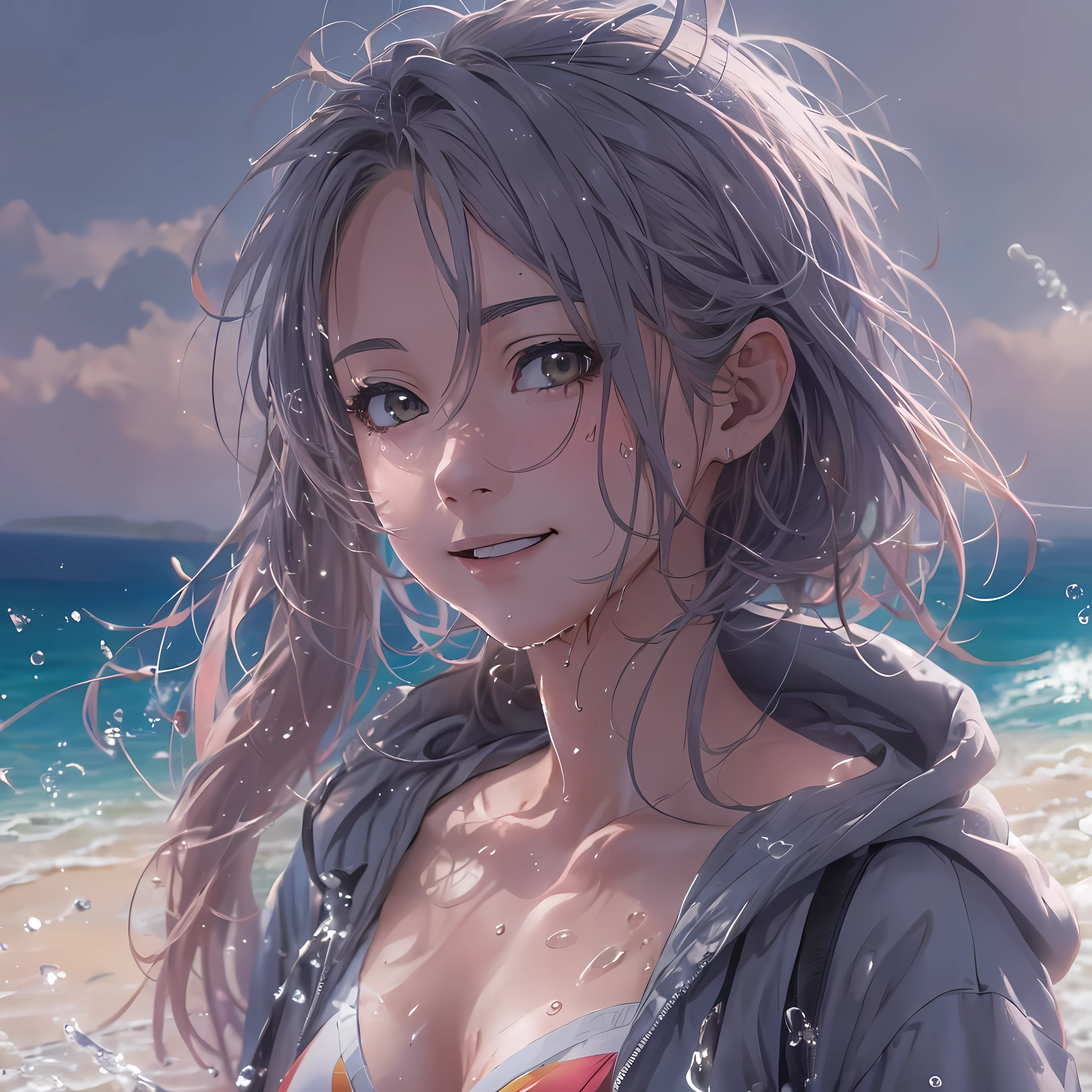 (masutepiece), (Best Quality), hyper detailed illustration，beautiful artwork，(Extreme Detail CG Unity 8K wallpaper、masterpiece、highest quality)、(excellent lighting and shadow、extremely dramatic painting、cinematic lens effects)、 Standing beach girl in gray hoodie and school swimsuit, Pink long hair girl with hoodie, beautiful Girl, cg art, anime style 4k, Seductive Girl, 4k wallpaper, attractive girl, pretty Girl, beautiful, attractive teenager, Art styles, With water wake up， Wet，(Evil smile)，Wide blue sky，(Tsurime)，(messy hair), Saw，(Wet)，ponytail，(walking
   On the beach: 1.2), beach side, (light glow), (light Particle), (strong light coming), (curved body: 1.2), (Head tilt),