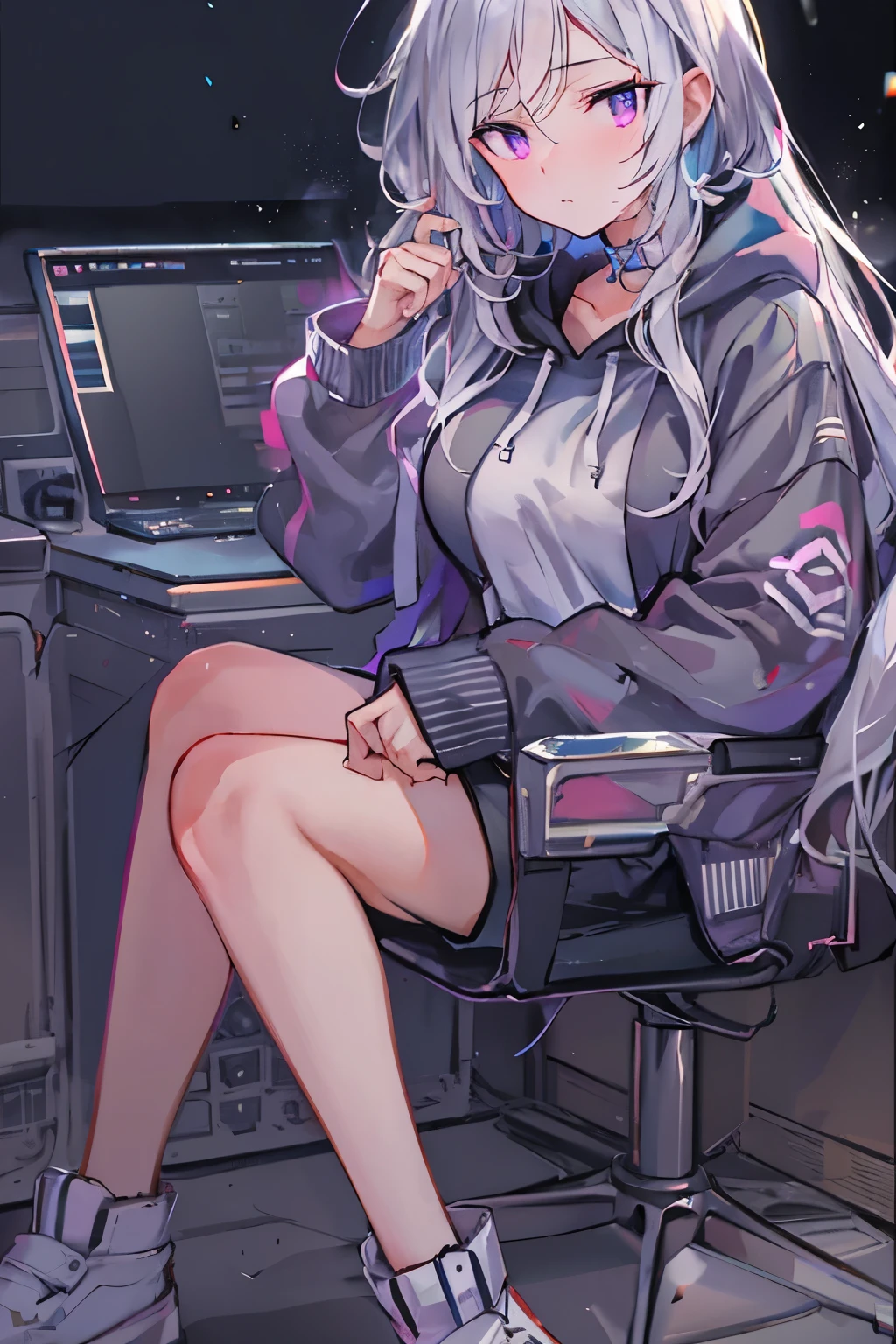 sitting on the chair, Perfect female body, 1 girls, 20 years old, long gray hair, white and silver hair, huge ahoge, ^ ^, medium chest circumference, bright skin, oversized clothes, hoodie, short shorts, black background Clothes, open air operations center,