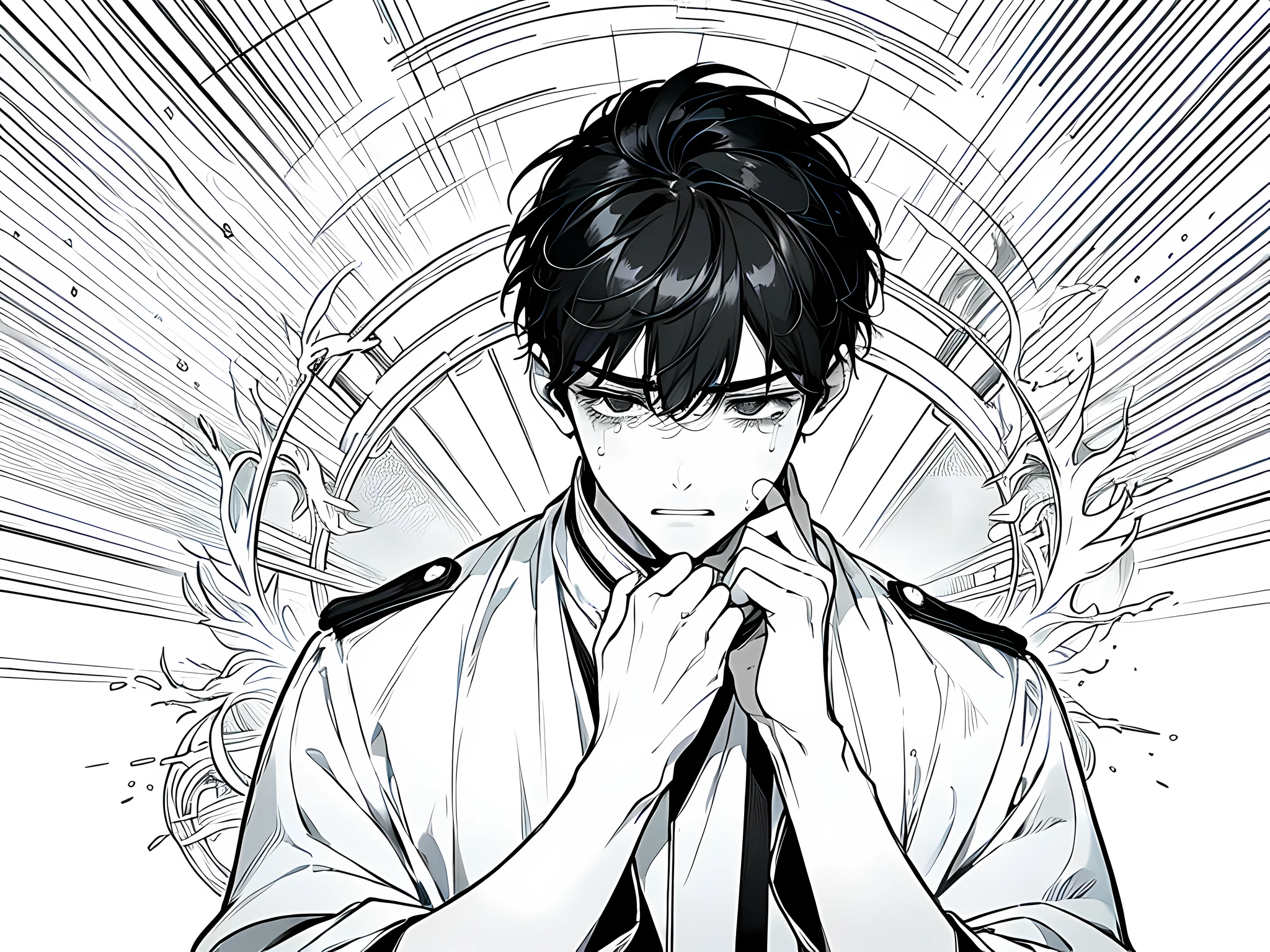 1 boy, wearing priest uniform, bowed head, black hair, short hair, face to detail, black eyes, detailed eyes, sad facial expression, crying, showing his teeth, monochrome (clear line, lineart)