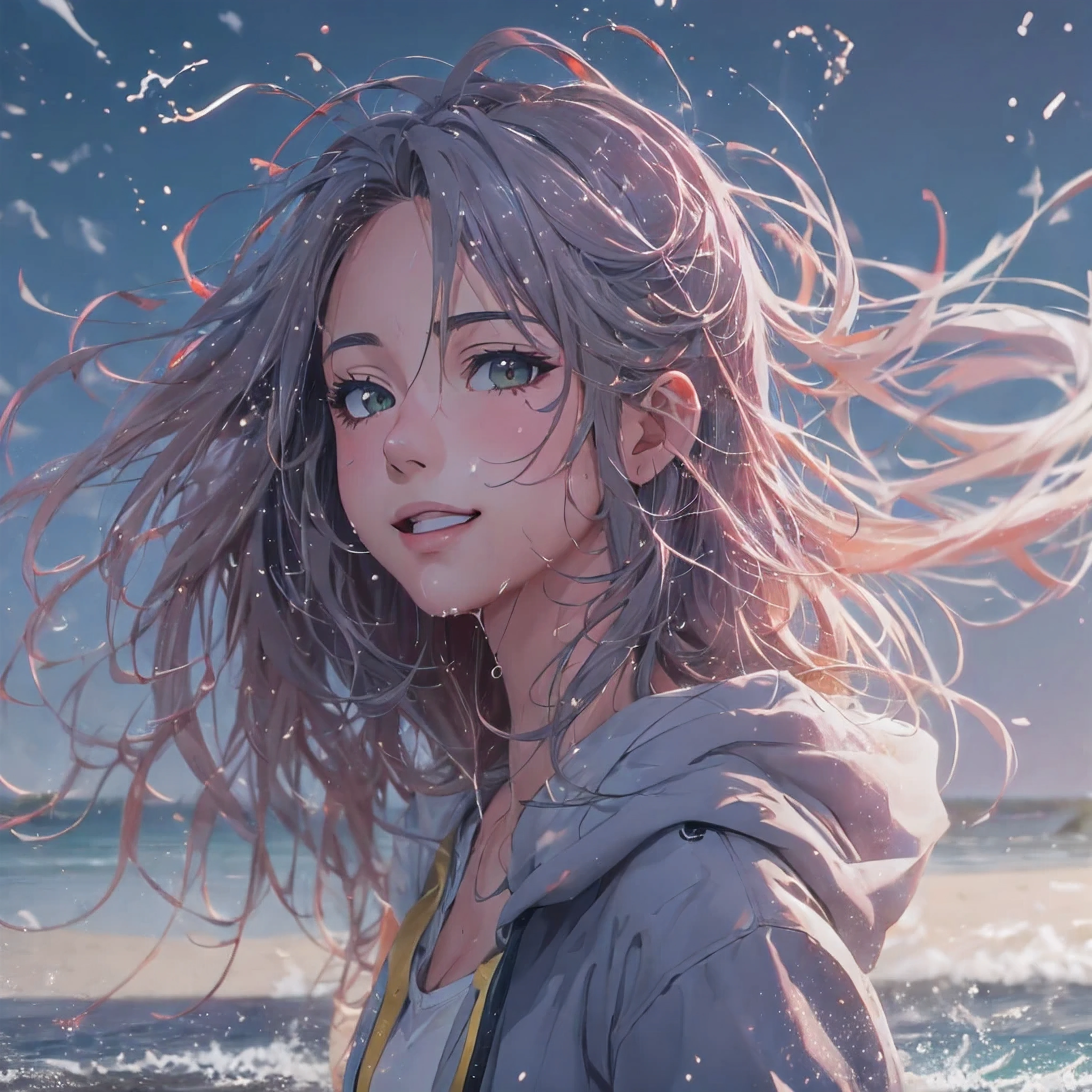 (masutepiece), (Best Quality), hyper detailed illustration，beautiful artwork，(Extreme Detail CG Unity 8K wallpaper、masterpiece、highest quality)、(excellent lighting and shadow、extremely dramatic painting、cinematic lens effects)、 Standing beach girl in gray hoodie and school swimsuit, Pink long hair girl with hoodie, beautiful Girl, cg art, anime style 4k, Seductive Girl, 4k wallpaper, attractive girl, pretty Girl, beautiful, attractive ager, Art styles, With water wake up， Wet，(Evil smile)，Wide blue sky，(Tsurime)，(messy hair), Saw，(Wet)，ponytail，(walking
   On the beach: 1.2), beach side, (light glow), (light Particle), (strong light coming), (curved body: 1.2), (Head tilt),