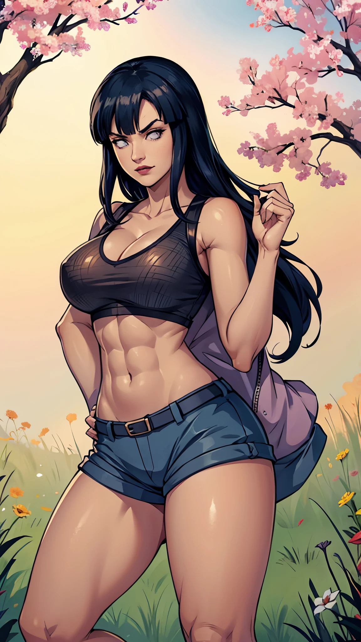Hinata Hyuga wearing Misty's Pokémon clothes, with the Pokémon Charmander on the side, extremamente realista, muito linda, sexy, bunda grande, pernas grossas, Fitness