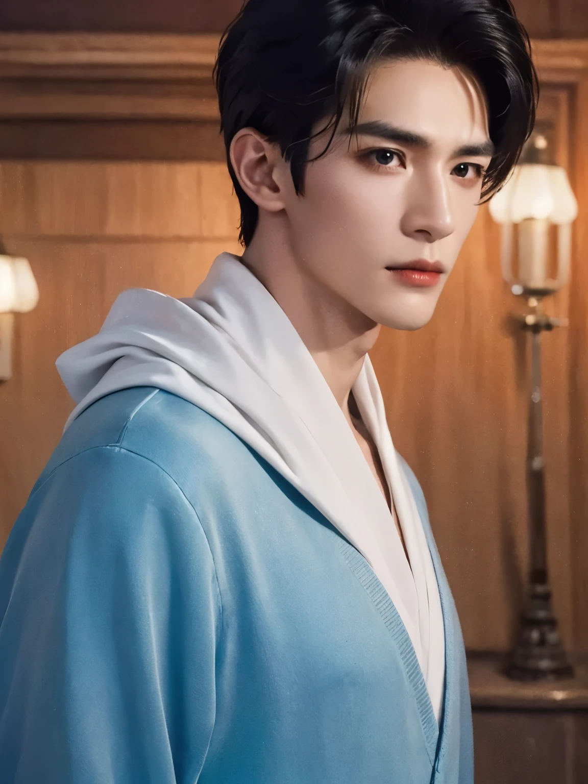  (male character design），（Messy white flying long hair：1.2）, （Affectionate Chinese handsome guy Lan Ling looks into the camera），（Pan An’s outfits for modern and fashionable men&#39;s blue sweater suit pants：1.37），Pan An’s skin is fair and flawless，The bridge of his nose is high and straight，(long,Messy shawl hair：1.1），（double eyelids, Bright Eyes, Big clear and bright eyes），sad prince，Food with red lips and white teeth，gentle melancholy，Pan An is tall and tall.，He has a strong physique，Toned muscles，Fresh and toned abs, His exquisite facial features，Kingly style， （Main color blue：0.8）