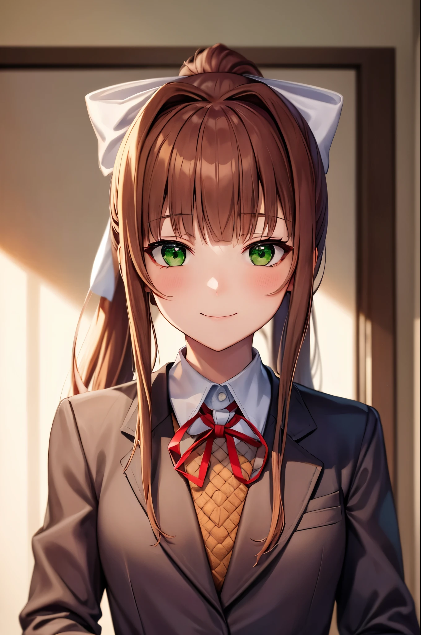 (face portrait:1.2), upper body, (masterpiece), best quality, expressive eyes, perfect face, highres, 1 girl, solo, ddlcmonika, blunt bangs, brown hair, (green eyes:1.5), long hair, ponytail, ribbon, white ribbon, hair ribbon, sidelocks, brown jacket, jacket, long sleeves, school uniform, zettai ryouiki, smiling, indoors, classroom background, standing, looking at the viewer