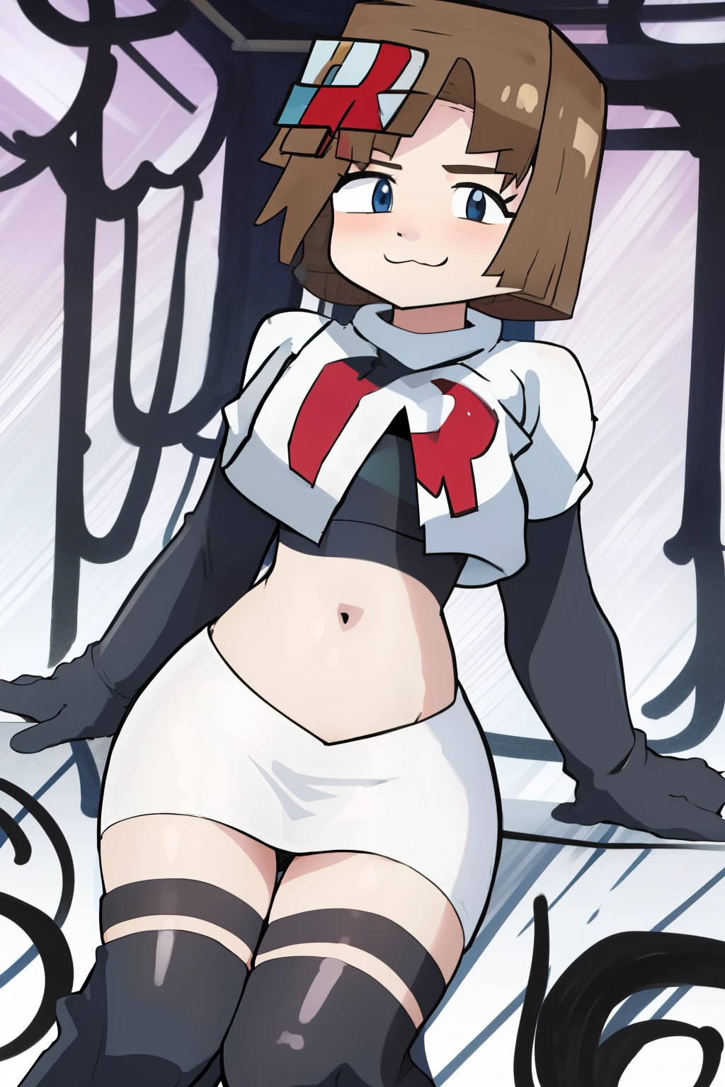 1girl, solo, jenny, :3, team rocket,team rocket uniform,white skirt,red letter R,crop top,black thigh-highs,black elbow gloves,