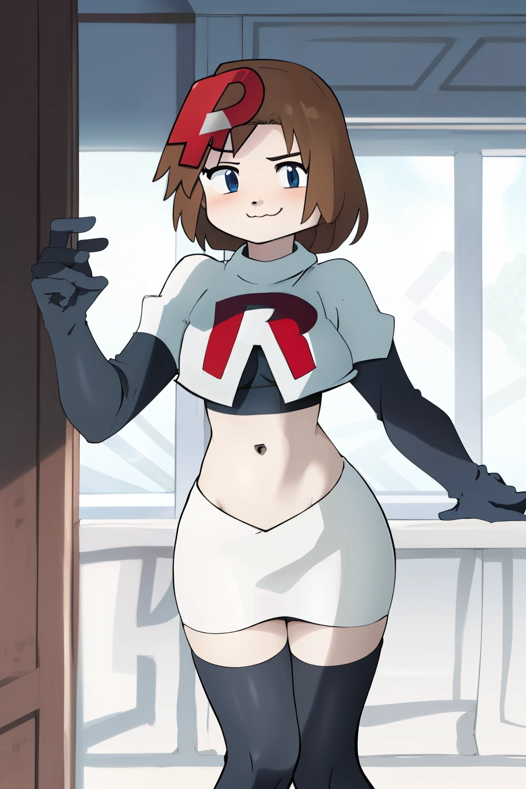 1girl, solo, jenny, :3, team rocket,team rocket uniform,white skirt,red letter R,crop top,black thigh-highs,black elbow gloves,