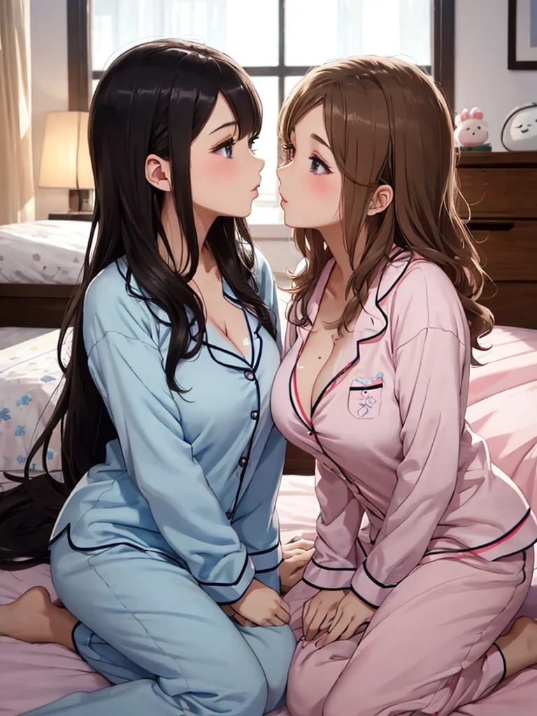 highest quality,  High resolution,  detailed background、Beautiful teenage girl、(two women),(kiss)、 cute hairstyle、cute hair color、perfect body、huge breasts、emphasize cleavage、At a pajama party with friends, you can enjoy cute items such as fluffy pajamas and cute bedding.。chatting and games、Let&#39;s enjoy sweets and show off your feminine cuteness。