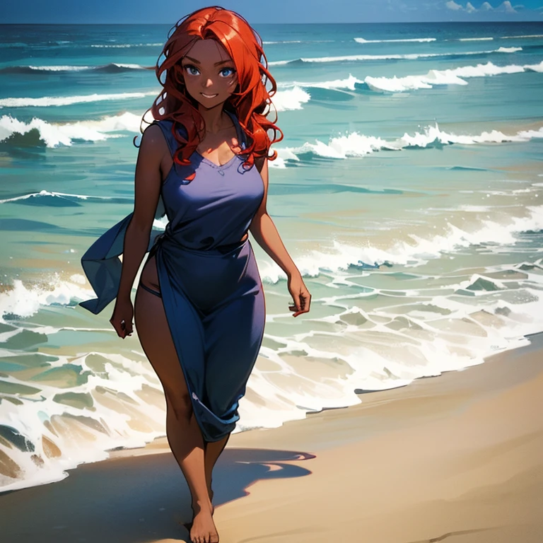 (((Alone))),(((Woman))),(((Dark skin))), (Blue eye),(((Hair wavy redhead))),(curvy body),(((wearing rags))),(((walking by the ocean water))),((sweet smile))