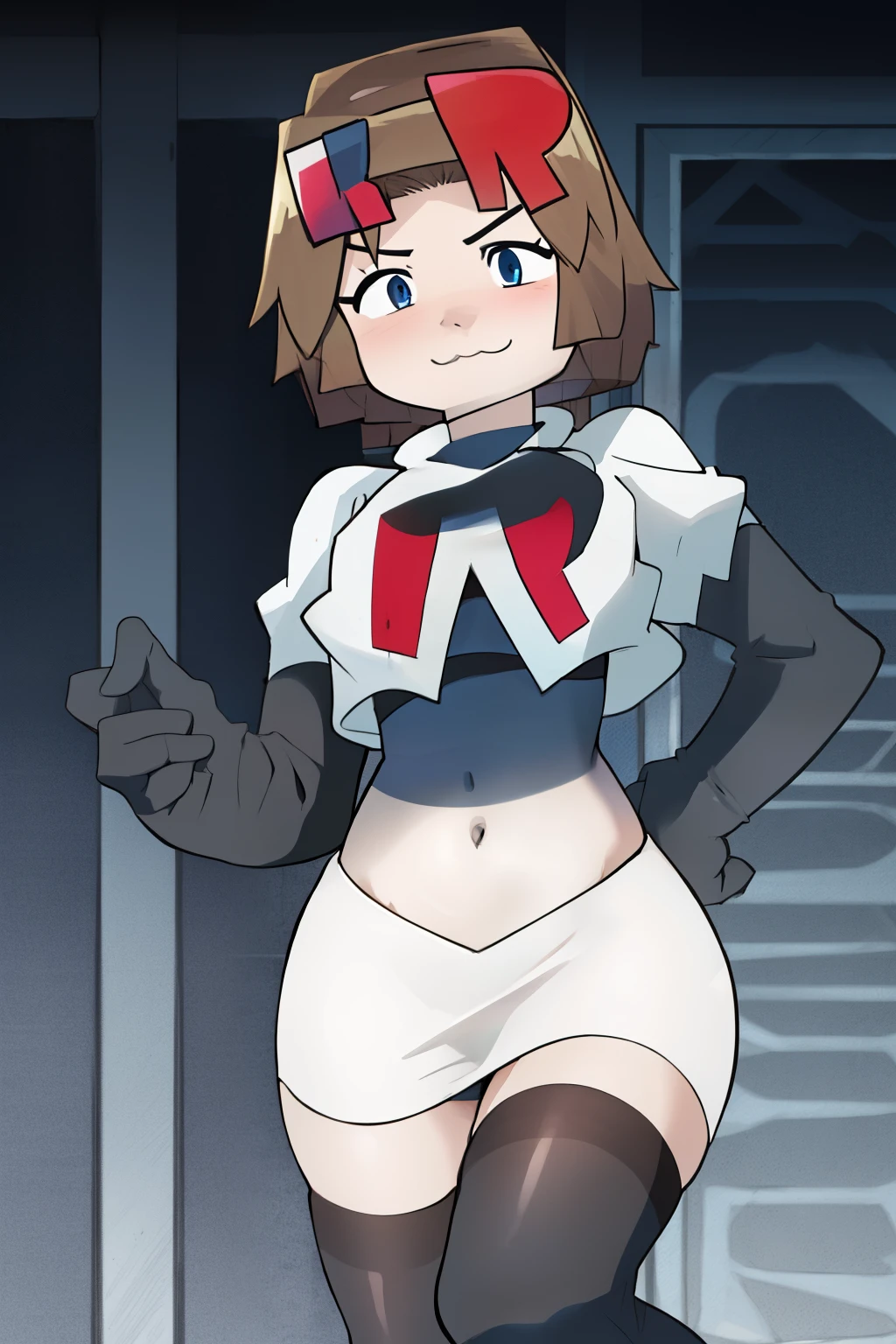 1girl, solo, jenny, :3, team rocket,team rocket uniform,white skirt,red letter R,crop top,black thigh-highs,black elbow gloves,