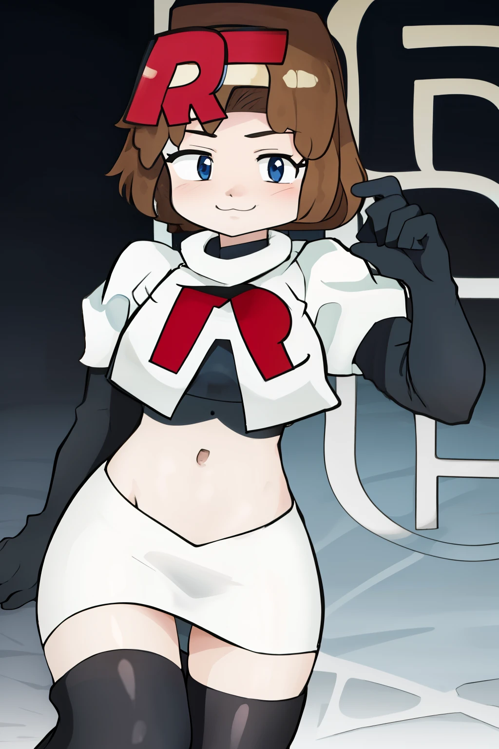 1girl, solo, jenny, :3, team rocket,team rocket uniform,white skirt,red letter R,crop top,black thigh-highs,black elbow gloves,