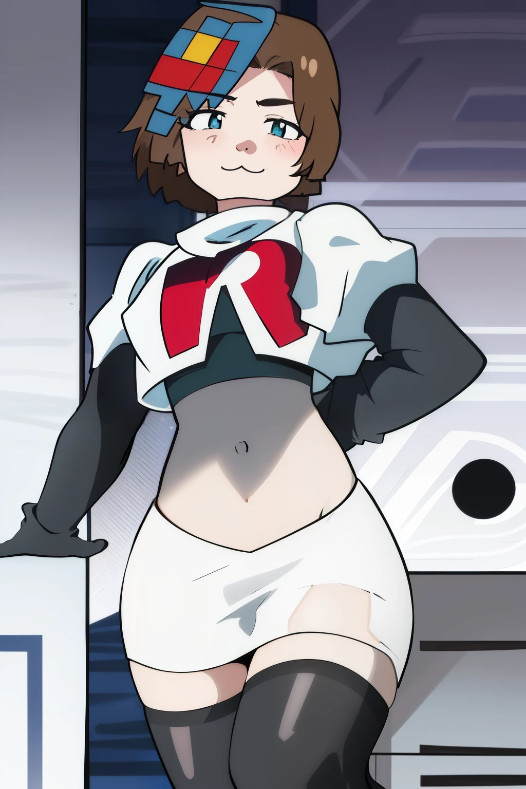 1girl, solo, jenny, :3, team rocket,team rocket uniform,white skirt,red letter R,crop top,black thigh-highs,black elbow gloves,