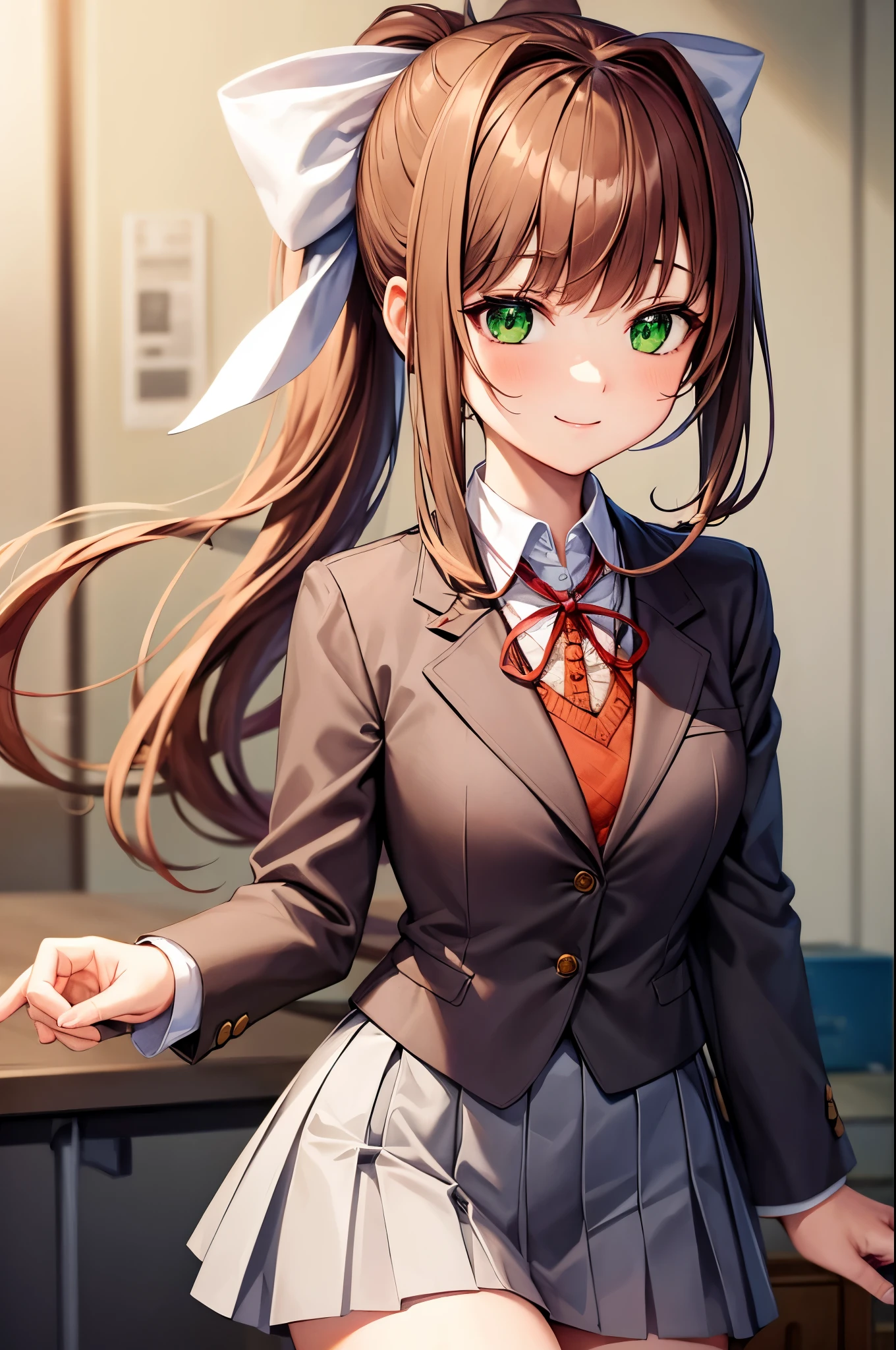 (face portrait:1.2), upper body, (masterpiece), best quality, expressive eyes, perfect face, highres, 1 girl, solo, ddlcmonika, blunt bangs, brown hair, (green eyes:1.5), long hair, ponytail, ribbon, white ribbon, hair ribbon, sidelocks, brown jacket, jacket, long sleeves, school uniform, zettai ryouiki, smiling, indoors, classroom background, standing, looking at the viewer