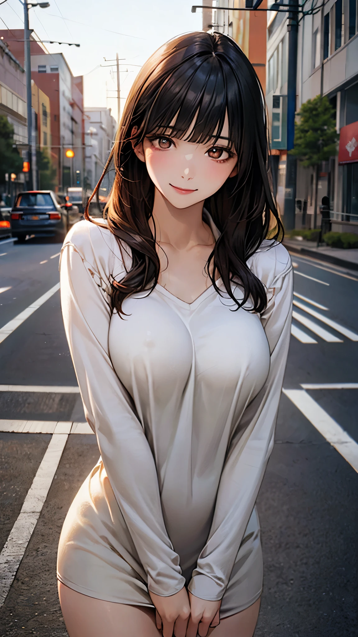 (masterpiece:1.2, top-quality), (realistic, photorealistic:1.4), beautiful illustration, (natural side lighting, movie lighting), nsfw,
looking at viewer, cowboy shot, front view:0.6, 1 girl, japanese, high school girl, perfect face, cute and symmetrical face, shiny skin,
(long hair:1.8, straight hair:1.7, hair intakes, black hair), blunt bangs, gold eyes, long eye lasher, (large breasts:0.8, thick thighs),
beautiful hair, beautiful face, beautiful detailed eyes, beautiful clavicle, beautiful body, beautiful chest, beautiful thigh, beautiful legs, beautiful fingers,
((brown camisole dresses, street style, long sleeve polo shirt in white)),
(beautiful scenery), evening, riverside, standing, (half-closed eye,lovely smile, upper eyes),