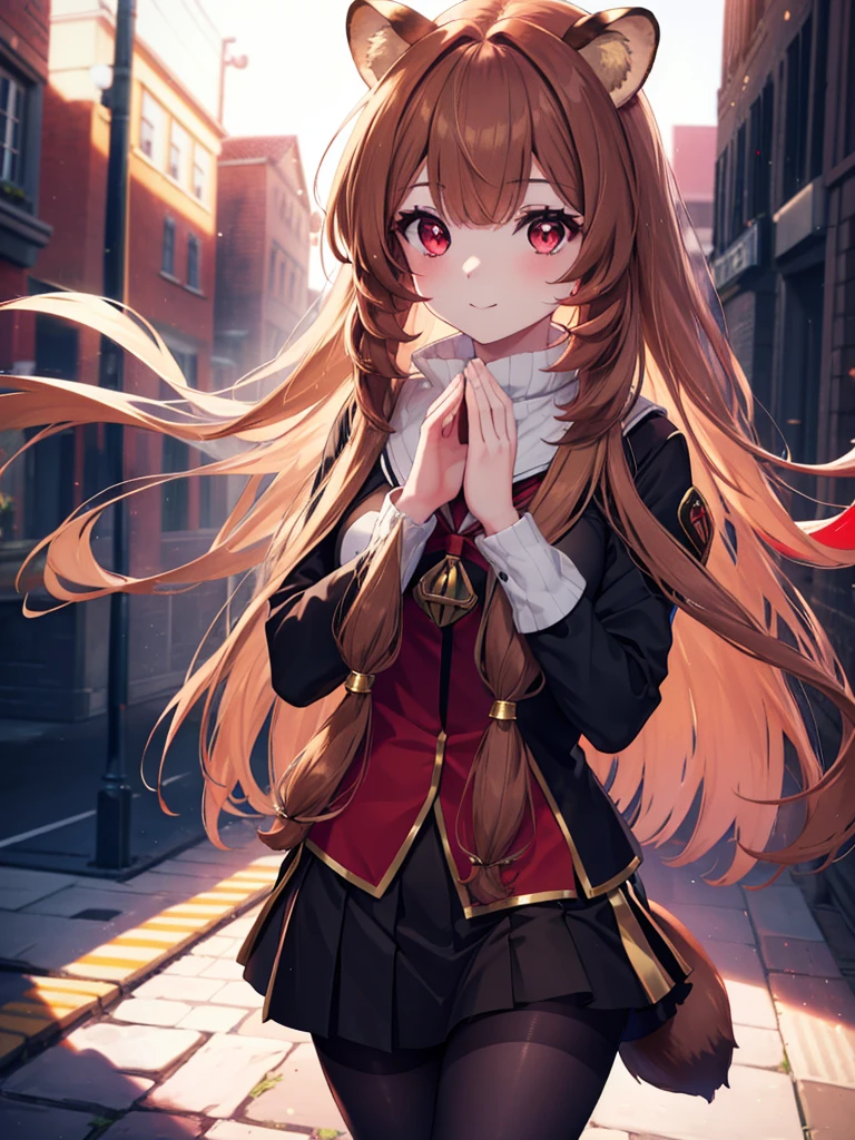Raphtalia, Raphtalia, animal ears, brown hair, long hair, raccoon ears, a racoon girl, racoon tail, (red eyes:1.5), tail,Black sailor suit,Black pleated skirt,White cardigan,White pantyhose,brown loafers,Schoolback,In town,walking,morning,bright,smile,highest quality, High resolution, unity 8k wallpaper, (figure:0.8), (Beautiful detailed eyes:1.6), extra detailed face, perfect lighting, extremely details CG, (perfect hands, perfect anatomy), (