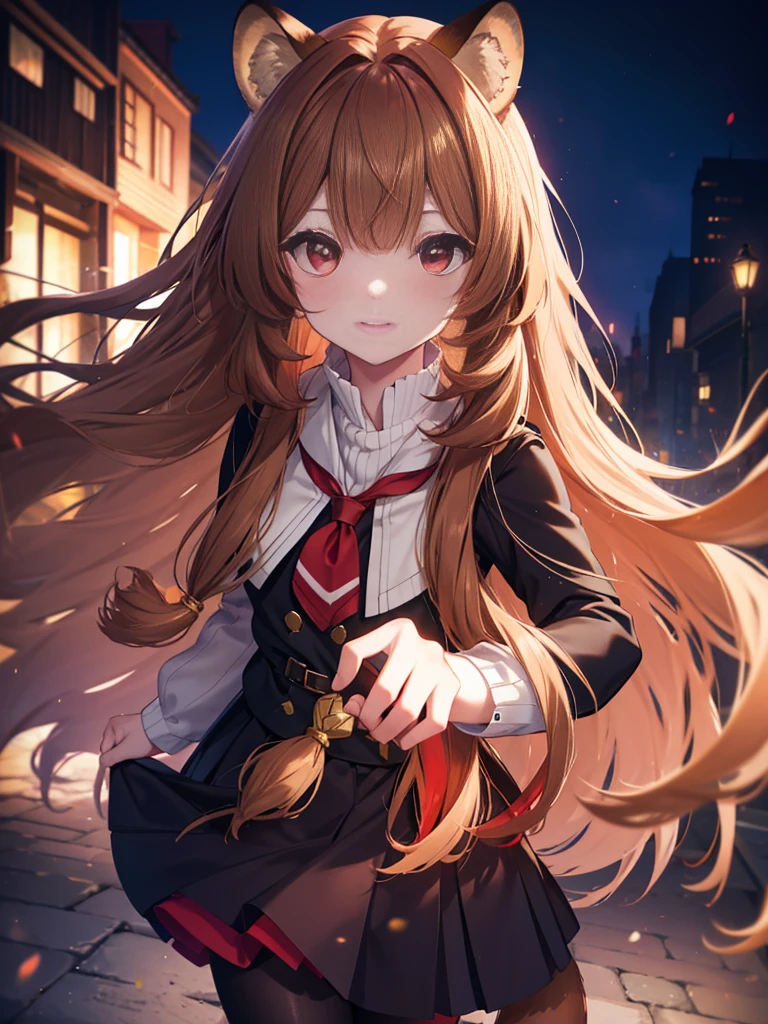 Raphtalia, Raphtalia, animal ears, brown hair, long hair, raccoon ears, a racoon girl, racoon tail, (red eyes:1.5), tail,Black sailor suit,Black pleated skirt,White cardigan,White pantyhose,brown loafers,Schoolback,In town,walking,morning,bright,smile,highest quality, High resolution, unity 8k wallpaper, (figure:0.8), (Beautiful detailed eyes:1.6), extra detailed face, perfect lighting, extremely details CG, (perfect hands, perfect anatomy), (