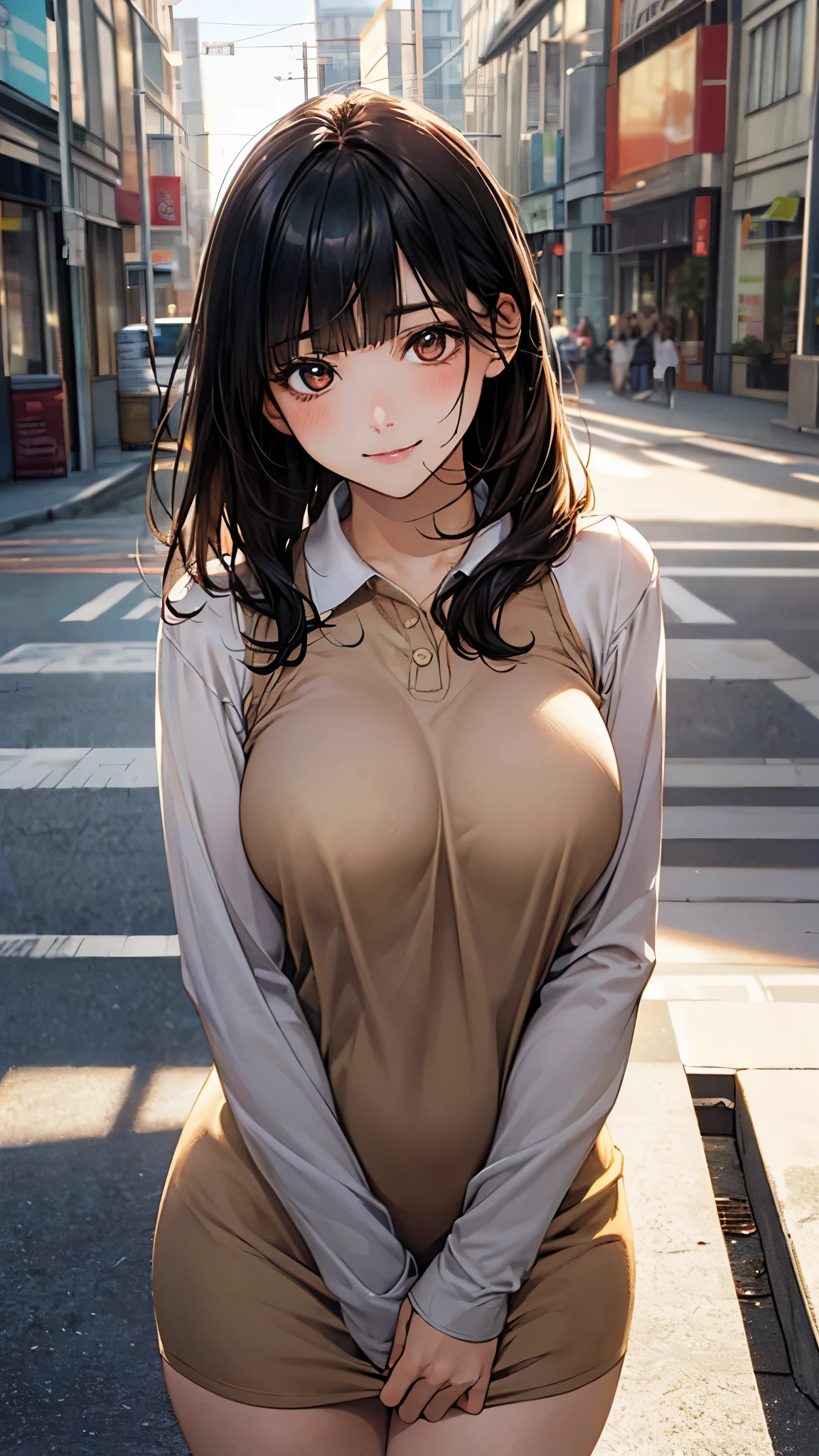 (masterpiece:1.2, top-quality), (realistic, photorealistic:1.4), beautiful illustration, (natural side lighting, movie lighting), nsfw,
looking at viewer, cowboy shot, front view:0.6, 1 girl, japanese, high school girl, perfect face, cute and symmetrical face, shiny skin,
(long hair:1.8, straight hair:1.7, hair intakes, black hair), blunt bangs, gold eyes, long eye lasher, (large breasts:0.8, thick thighs),
beautiful hair, beautiful face, beautiful detailed eyes, beautiful clavicle, beautiful body, beautiful chest, beautiful thigh, beautiful legs, beautiful fingers,
((brown camisole dresses, street style, long sleeve polo shirt in white)),
(beautiful scenery), evening, riverside, standing, (half-closed eye,lovely smile, upper eyes),