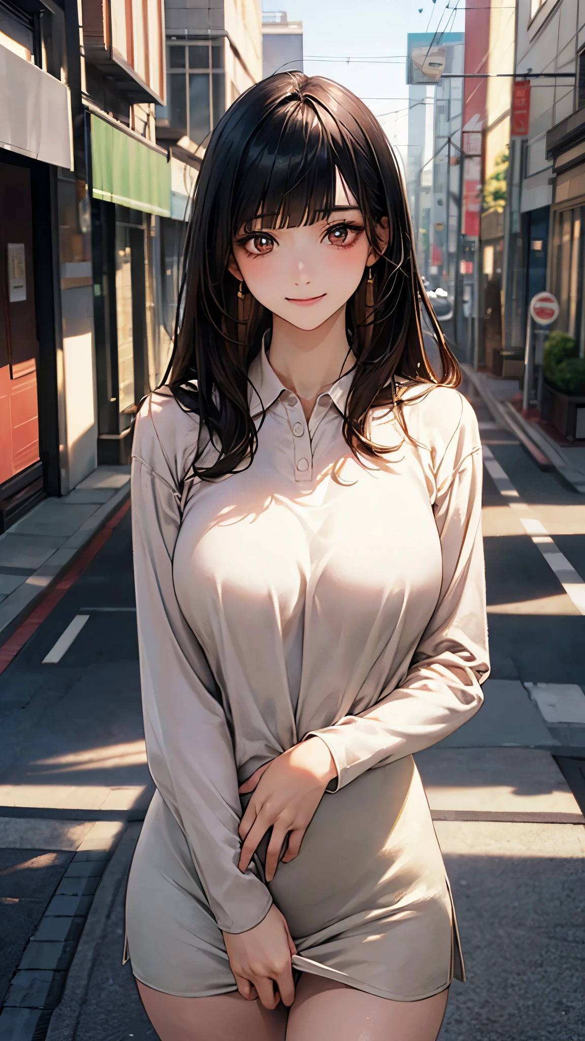 (masterpiece:1.2, top-quality), (realistic, photorealistic:1.4), beautiful illustration, (natural side lighting, movie lighting), nsfw, 
looking at viewer, cowboy shot, front view:0.6, 1 girl, japanese, high school girl, perfect face, cute and symmetrical face, shiny skin, 
(long hair:1.8, straight hair:1.7, hair intakes, black hair), blunt bangs, gold eyes, long eye lasher, (large breasts:0.8, thick thighs), 
beautiful hair, beautiful face, beautiful detailed eyes, beautiful clavicle, beautiful body, beautiful chest, beautiful thigh, beautiful legs, beautiful fingers, 
((brown camisole dresses, street style, long sleeve polo shirt in white)), 
(beautiful scenery), evening, riverside, standing, (half-closed eye,lovely smile, upper eyes), 