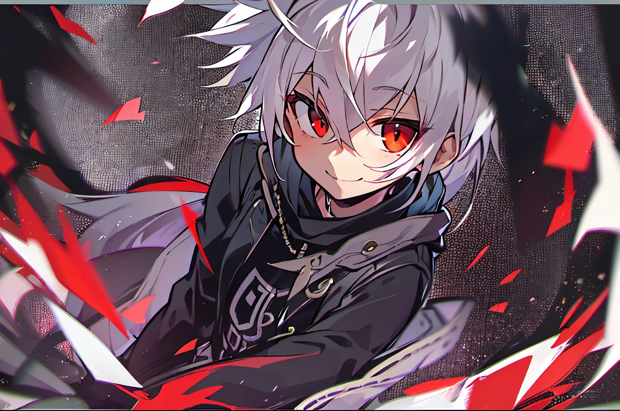 hight resolution,Anime boy with white hair and red eyes staring at camera, red eyes,slim, dressed in a black outfit,Shadow Body,Brown skin,monochromes,hair messy,Aggressive smile,Diagonal angle