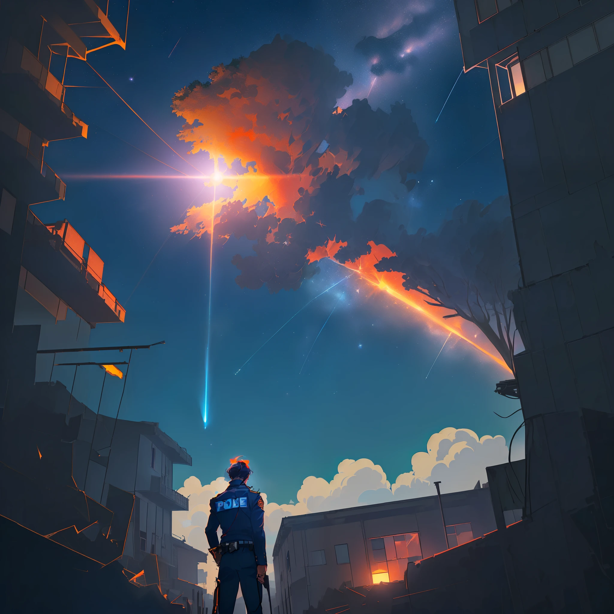 (((1men, despair, solo, from behind, inside a building, police station, Anime, Masterpiece, a men looks at a huge meteor in the sky, Police outfit, night, red setting, huge meteor))), ((Stars shine, the sun erupts, meteors fall)), from pixiv, anime wallpaper