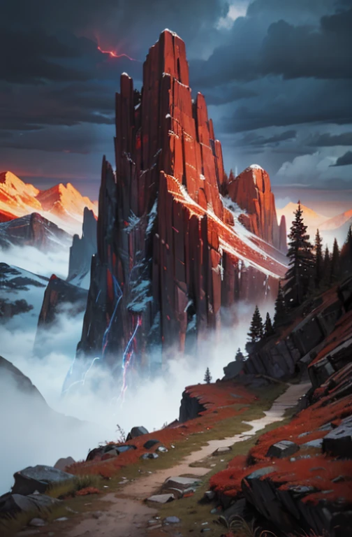 red color scheme, mountain pass, rocky terrain, high elevation, foreboding, moody, lightning, fantasy, epic journey, acrylic paint, mixed media:1.2, ultra-detailed, HDR, studio lighting, vivid colors, sharp focus, physically-based rendering, extreme detail description