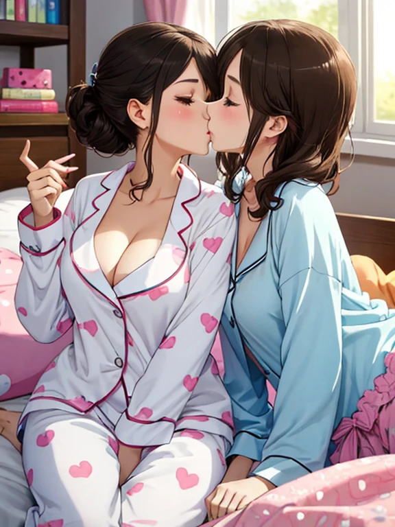 highest quality,  High resolution,  detailed background、Beautiful  girl、(two women),(kiss)、sexual expression、cute hairstyle、cute hair color、perfect body、huge breasts、emphasize cleavage、At a pajama party with friends, you can enjoy cute items such as fluffy pajamas and cute bedding.。chatting and games、Let&#39;s enjoy sweets and show off your feminine cuteness。