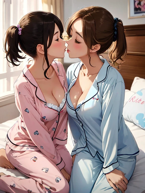 highest quality,  High resolution,  detailed background、Beautiful teenage girl、(two women),(kiss)、sexual expression、cute hairstyle、cute hair color、perfect body、huge breasts、emphasize cleavage、At a pajama party with friends, you can enjoy cute items such as fluffy pajamas and cute bedding.。chatting and games、Let&#39;s enjoy sweets and show off your feminine cuteness。