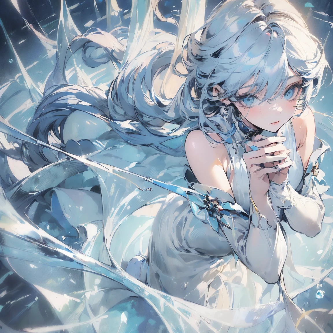 ((masterpiece:1.3)), ((realistic:1.2)), ((high quality:1.1)), ((detailed eyes and hair:1.1)), ((manhwa artstyle)), one girl, solo, 4K, 8K, official art professional, a girl wearing a long dress imperial kingdom in manhwa story, ((clear blue aquamarine eyes:1.2)), beauty white silver hair with long length under shoulder, she is an innocent girl ((detailed hands:1.2)),((heroine looks:1.2)).