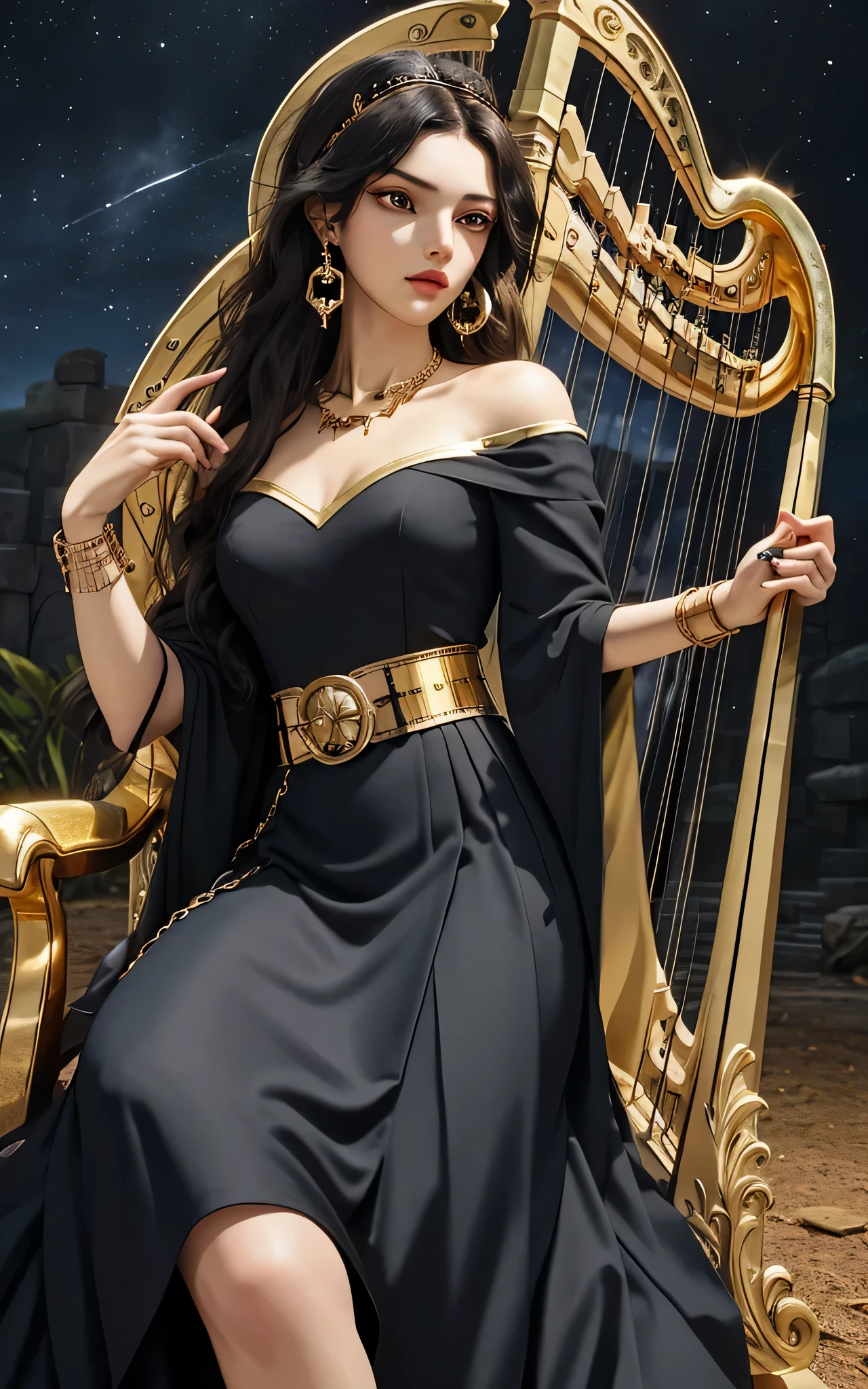 1 girl, solo, details, masterpiece, best quality, photorealistic realism, beautiful girl, long hair, black hair, skull headband, gold earrings, red eyes, beautiful face, skull necklace, perfect body, large breast, open chest, black long dress, skull bracelet, gold earrings, gold belt, musical instrument, harp, sit on ancient chair, dark sky, dark temple,
