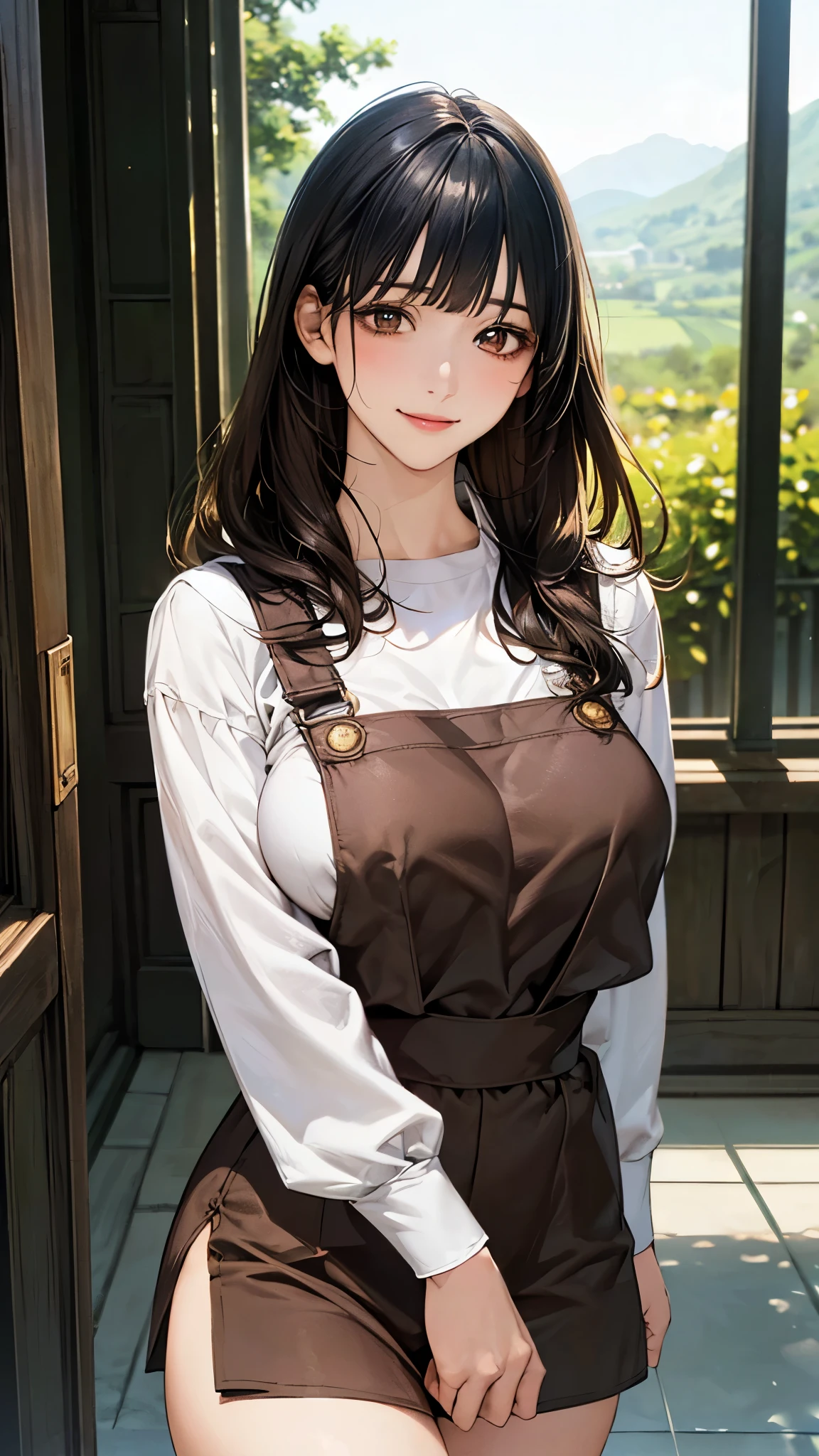 (masterpiece:1.2, top-quality), (realistic, photorealistic:1.4), beautiful illustration, (natural side lighting, movie lighting), nsfw, 
looking at viewer, cowboy shot, front view:0.6, 1 girl, japanese, high school girl, perfect face, cute and symmetrical face, shiny skin, 
(long hair:1.8, straight hair:1.7, hair intakes, black hair), blunt bangs, gold eyes, long eye lasher, (large breasts:0.8, thick thighs), 
beautiful hair, beautiful face, beautiful detailed eyes, beautiful clavicle, beautiful body, beautiful chest, beautiful thigh, beautiful legs, beautiful fingers, 
((long sleeved white shirt, brown pinafore dress)), 
(beautiful scenery), evening, riverside, standing, (half-closed eye,lovely smile, upper eyes), 